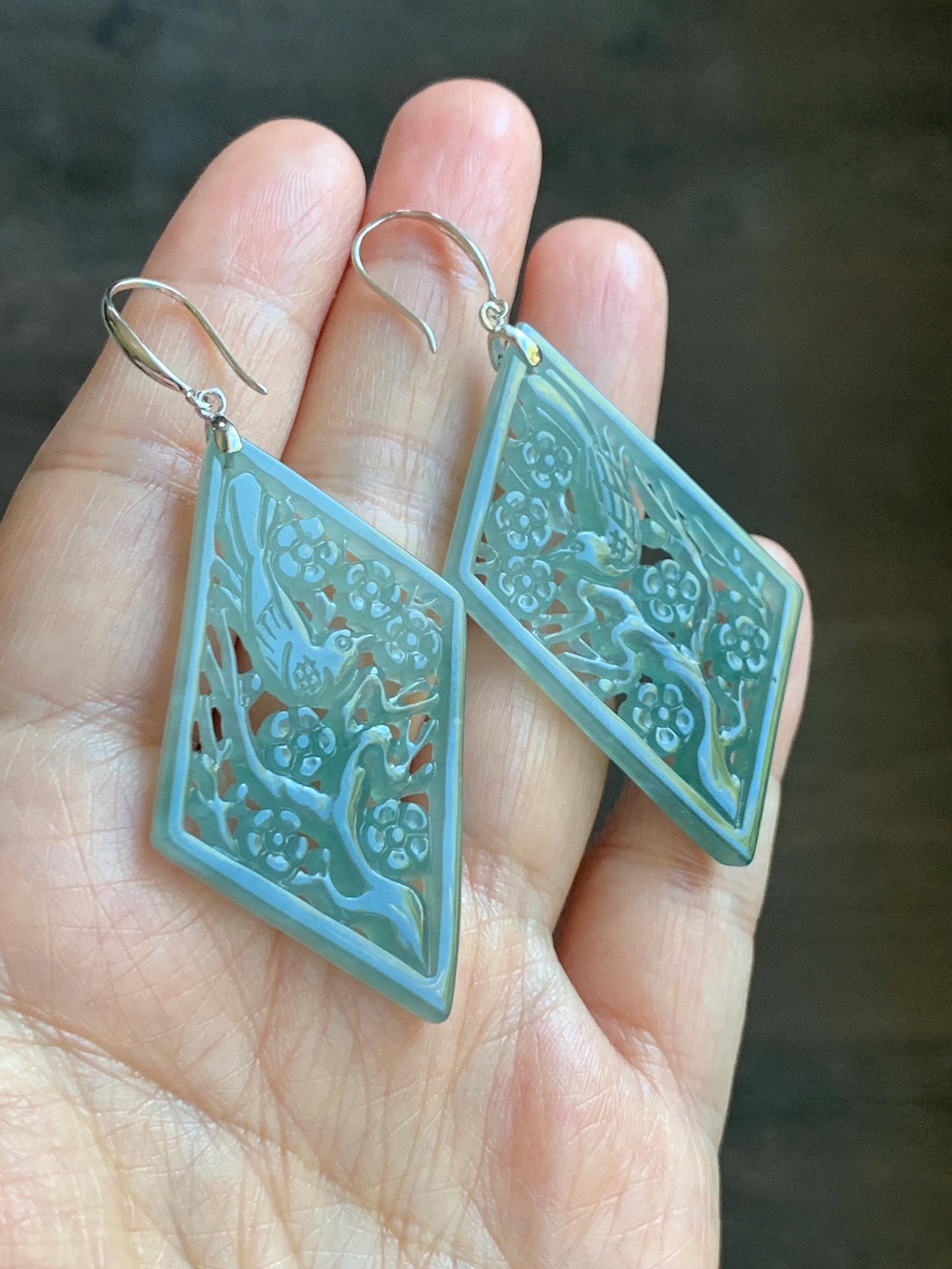 Natural Grade A Guatemalan Icy Translucent Dusty Teal Blue Jade Jadeite Openwork Engraved Earrings Sterling Silver 天然冰危蓝绿翡翠镂空雕银耳钩 WXQ110