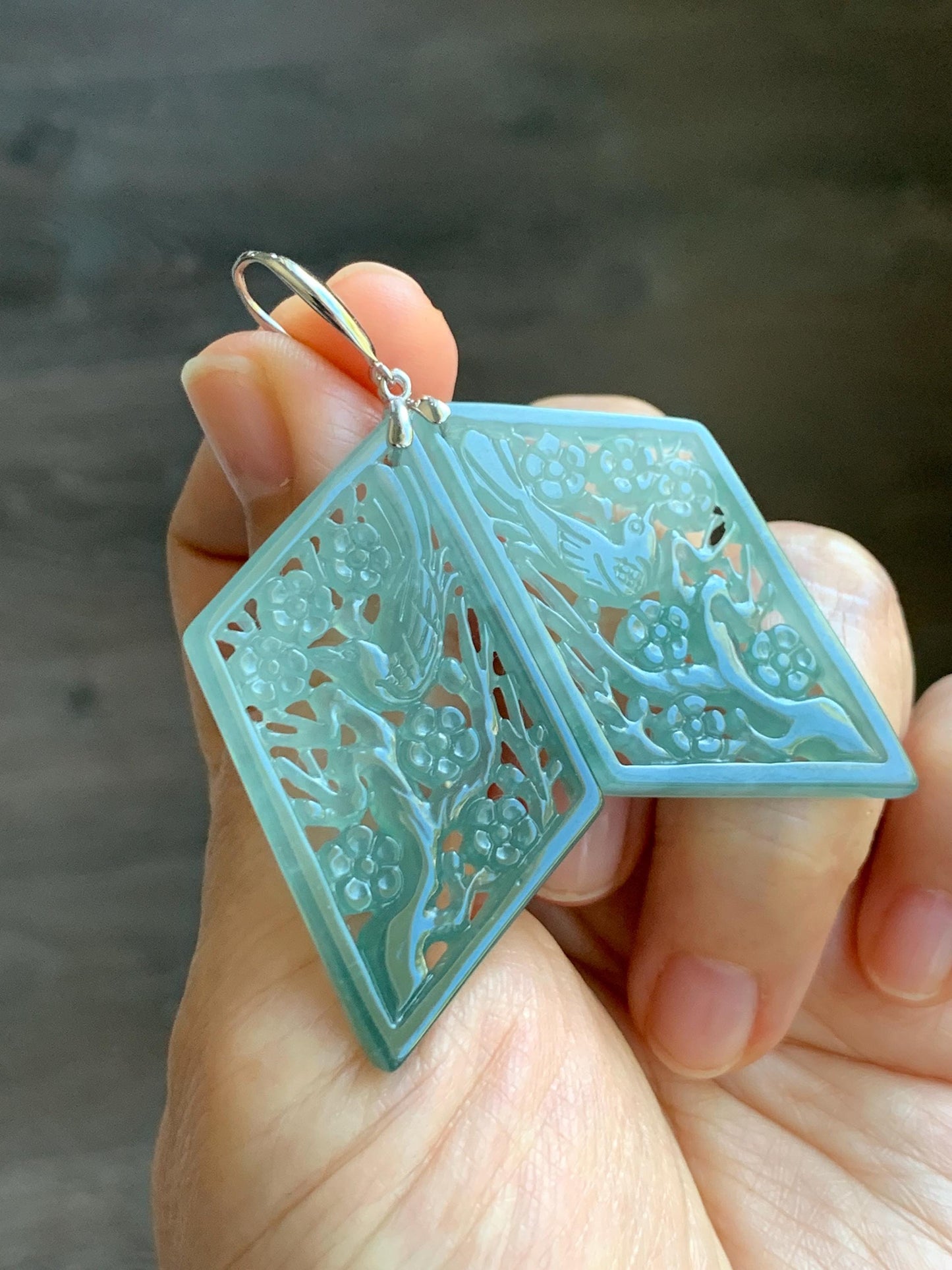Natural Grade A Guatemalan Icy Translucent Dusty Teal Blue Jade Jadeite Openwork Engraved Earrings Sterling Silver 天然冰危蓝绿翡翠镂空雕银耳钩 WXQ110