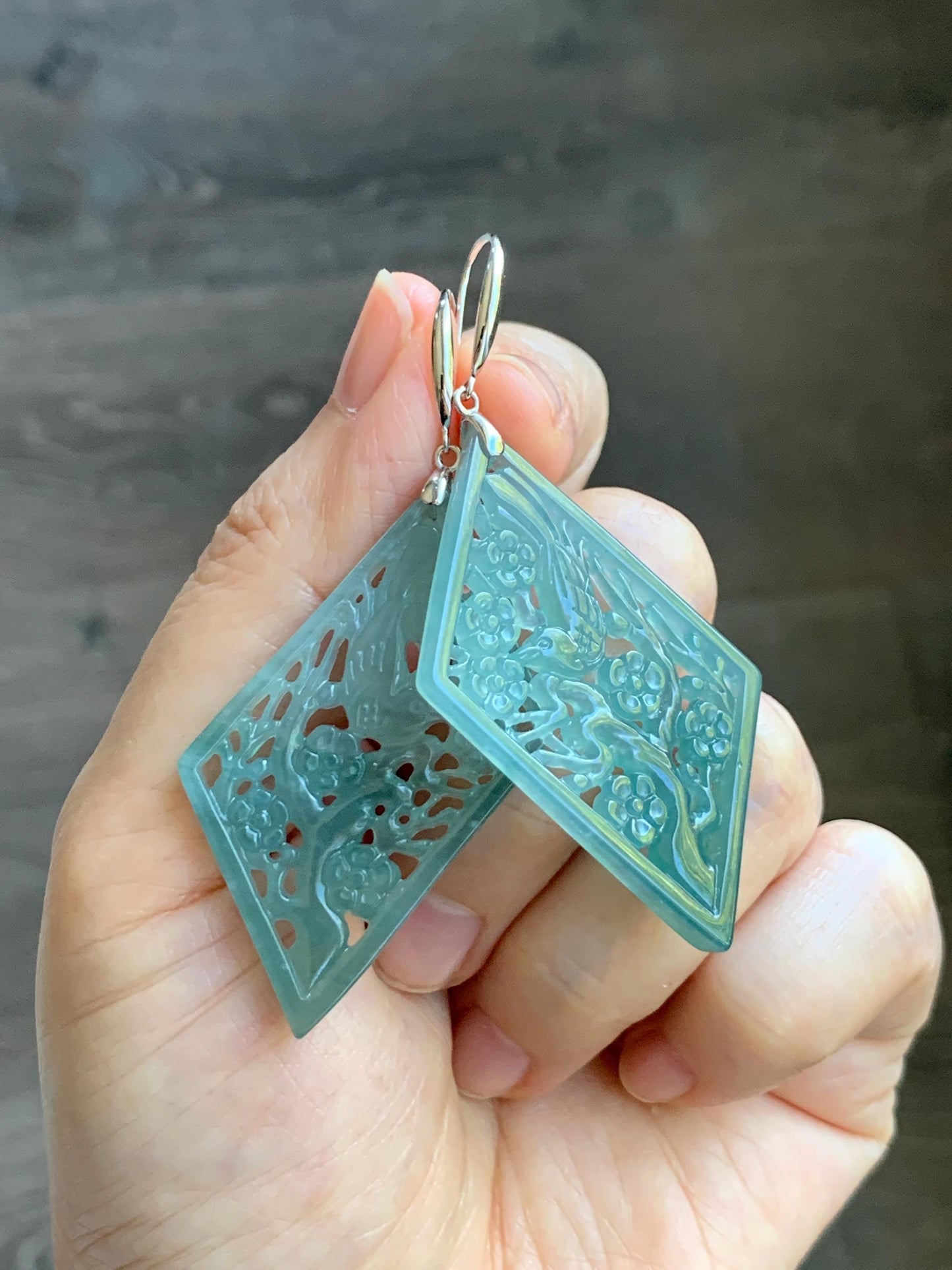 Natural Grade A Guatemalan Icy Translucent Dusty Teal Blue Jade Jadeite Openwork Engraved Earrings Sterling Silver 天然冰危蓝绿翡翠镂空雕银耳钩 WXQ110