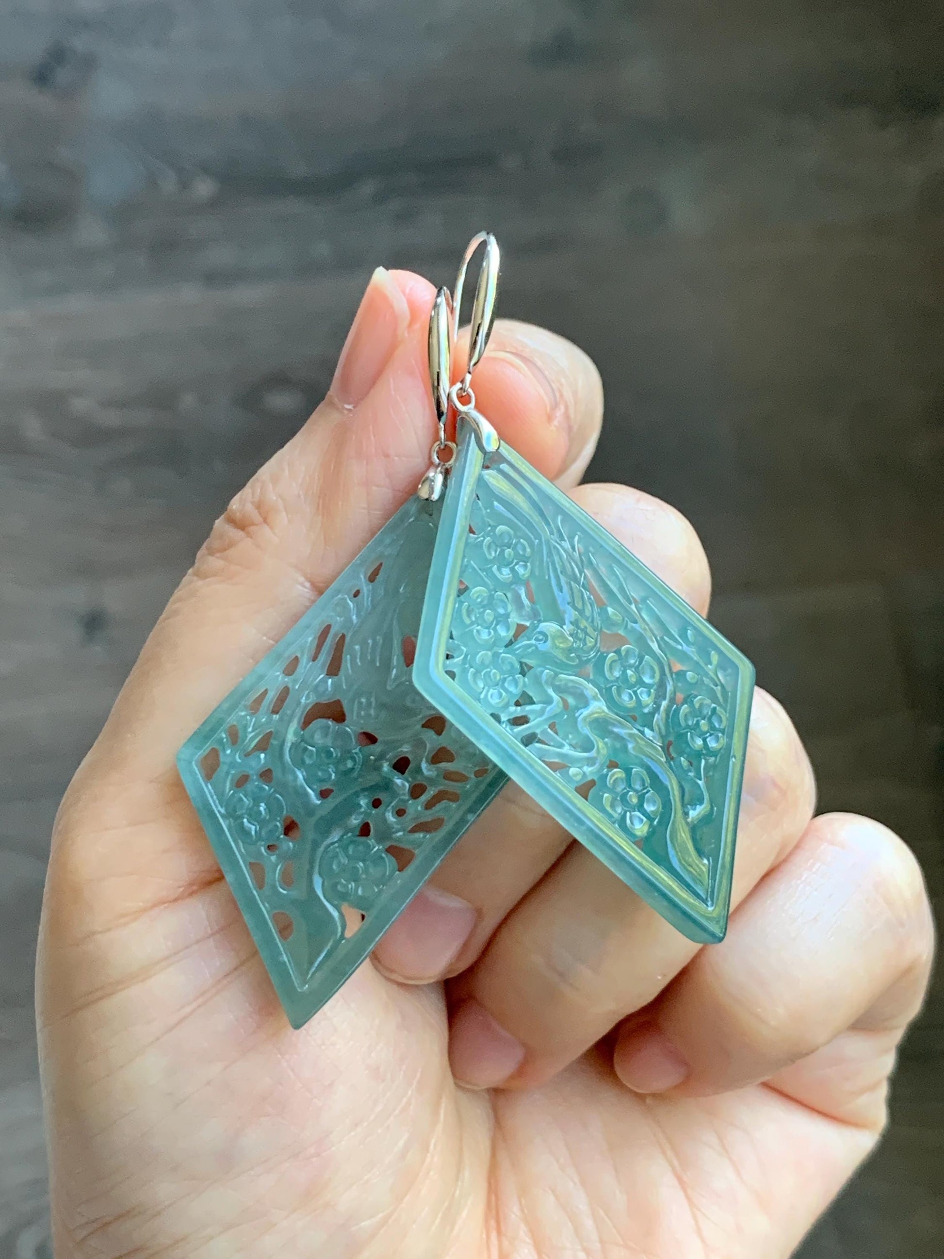 Natural Grade A Guatemalan Icy Translucent Dusty Teal Blue Jade Jadeite Openwork Engraved Earrings Sterling Silver 天然冰危蓝绿翡翠镂空雕银耳钩 WXQ110