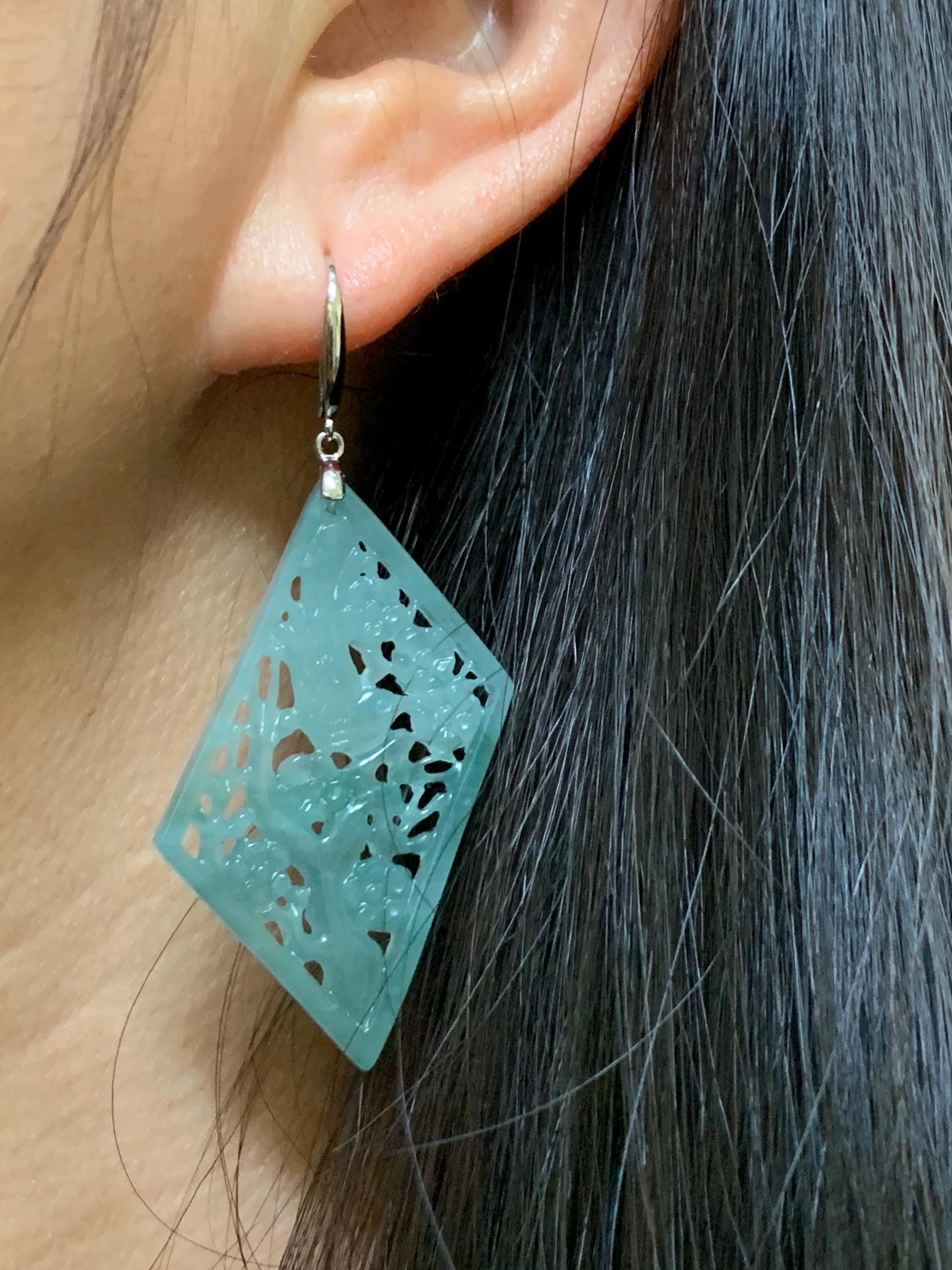 Natural Grade A Guatemalan Icy Translucent Dusty Teal Blue Jade Jadeite Openwork Engraved Earrings Sterling Silver 天然冰危蓝绿翡翠镂空雕银耳钩 WXQ110