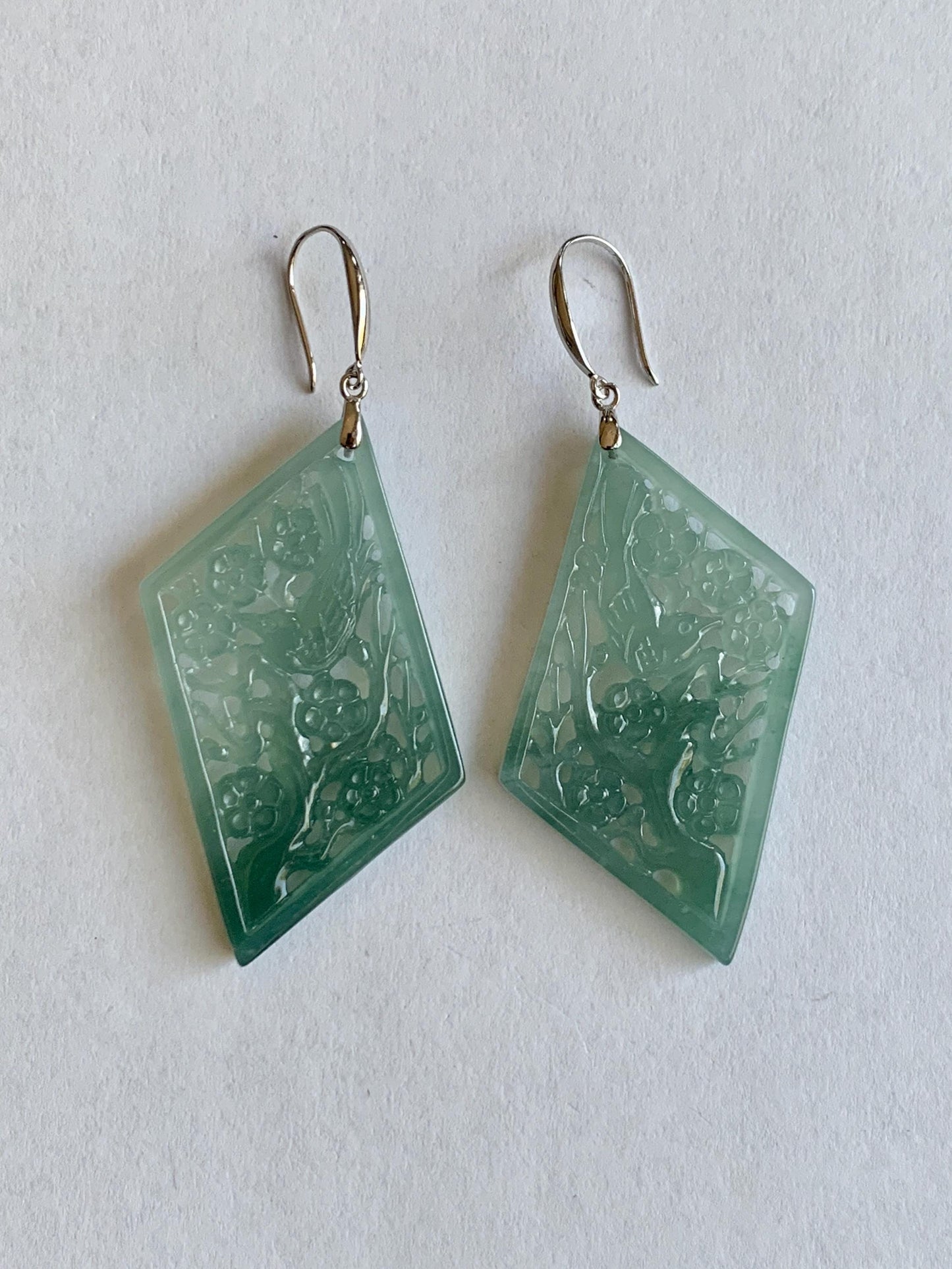 Natural Grade A Guatemalan Icy Translucent Dusty Teal Blue Jade Jadeite Openwork Engraved Earrings Sterling Silver 天然冰危蓝绿翡翠镂空雕银耳钩 WXQ110