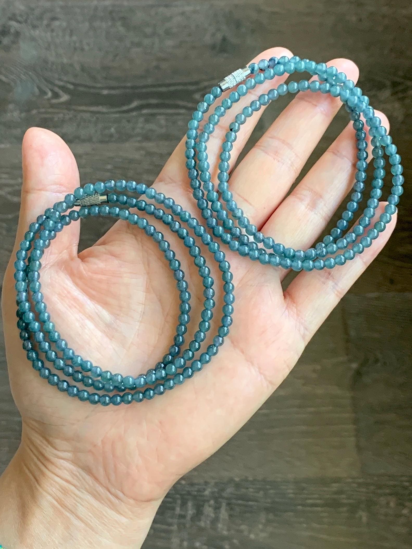 Grade A Natural Guatemalan Icy Translucent Dusty Aegean Blue Jade Jadeite Petite Beaded Necklace 4mm 23” 16g 天然冰危蓝翡翠小圆珠项链 WLM230