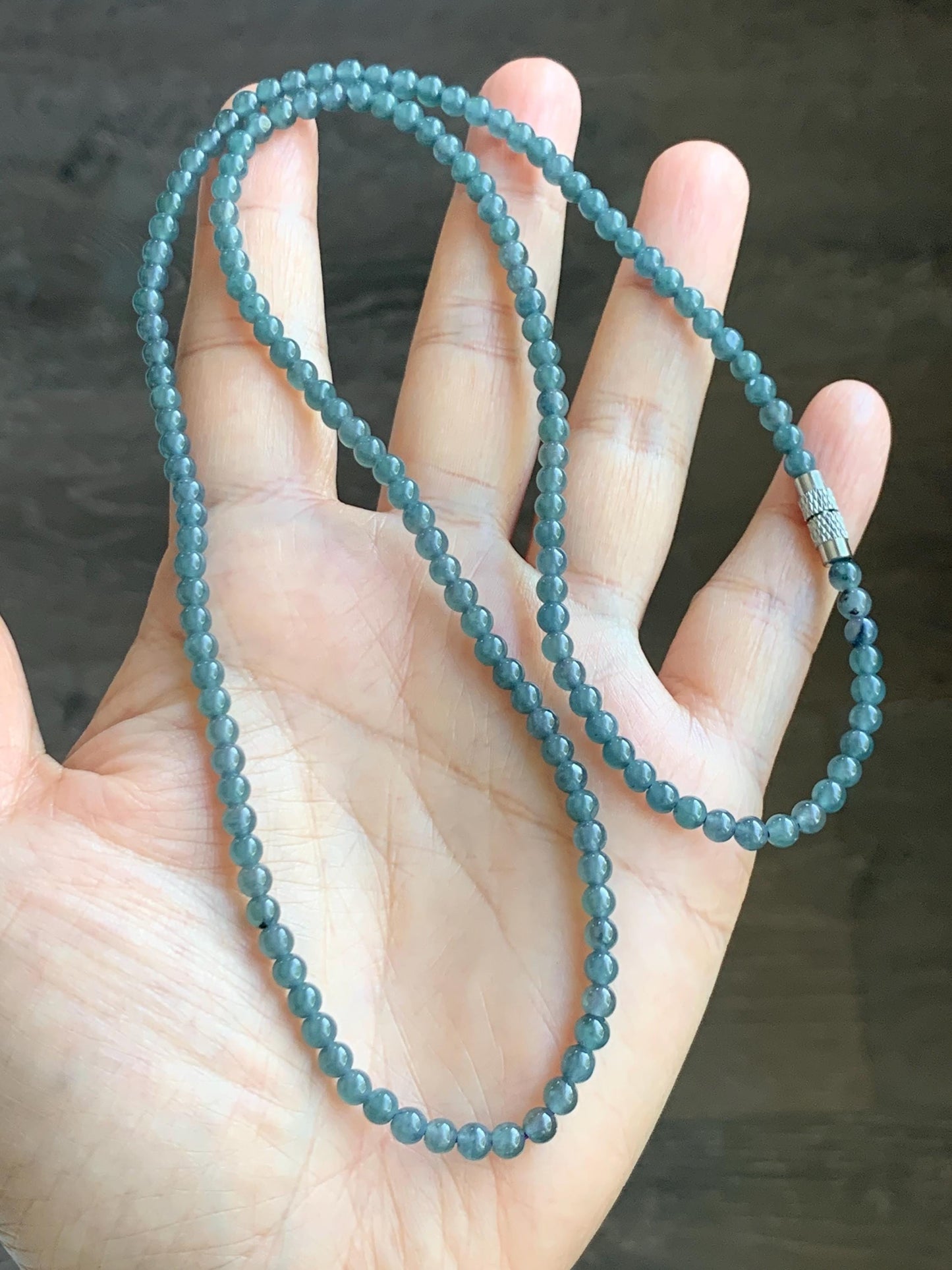 Grade A Natural Guatemalan Icy Translucent Dusty Aegean Blue Jade Jadeite Petite Beaded Necklace 4mm 23” 16g 天然冰危蓝翡翠小圆珠项链 WLM230