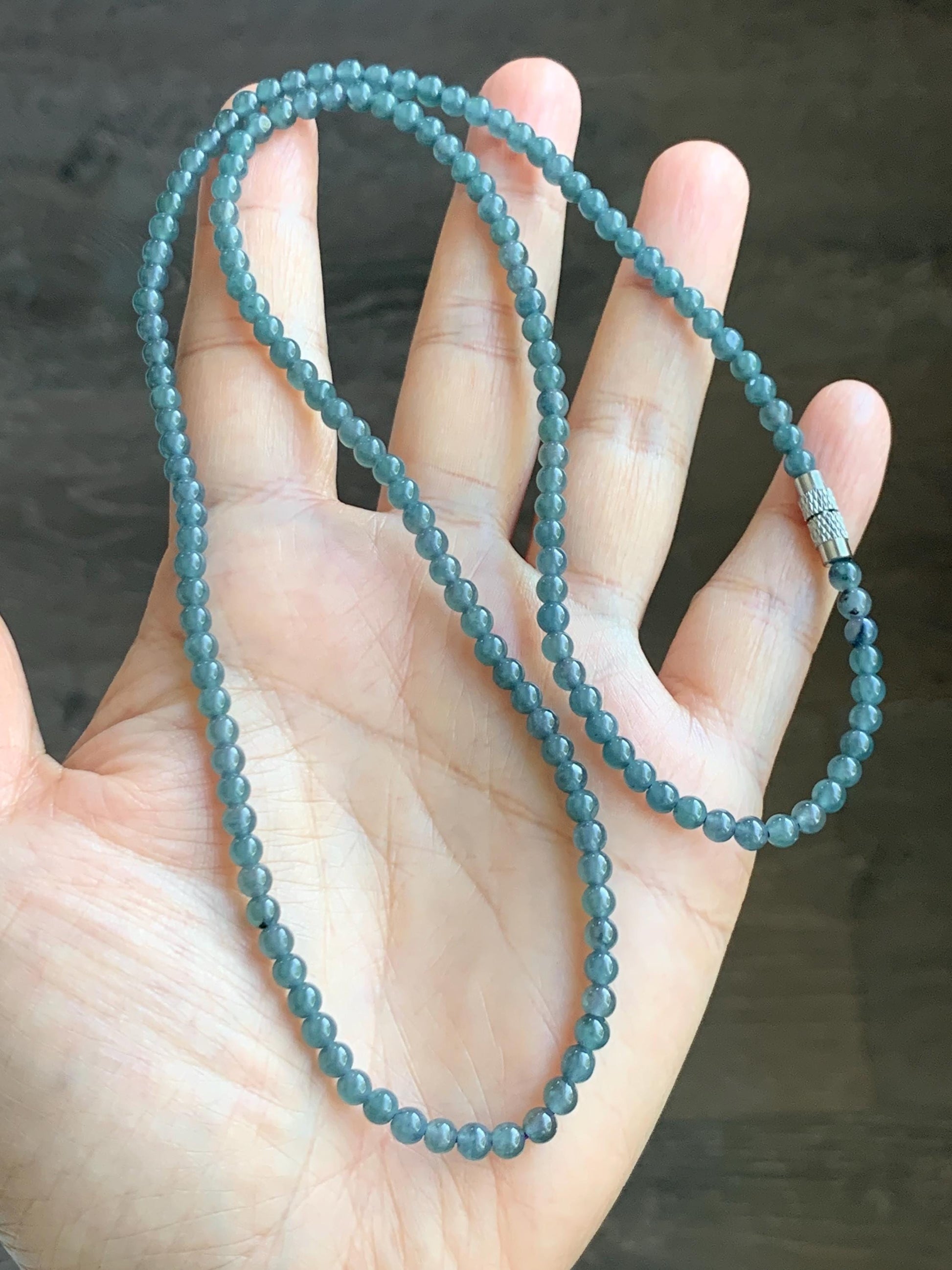 Grade A Natural Guatemalan Icy Translucent Dusty Aegean Blue Jade Jadeite Petite Beaded Necklace 4mm 23” 16g 天然冰危蓝翡翠小圆珠项链 WLM230