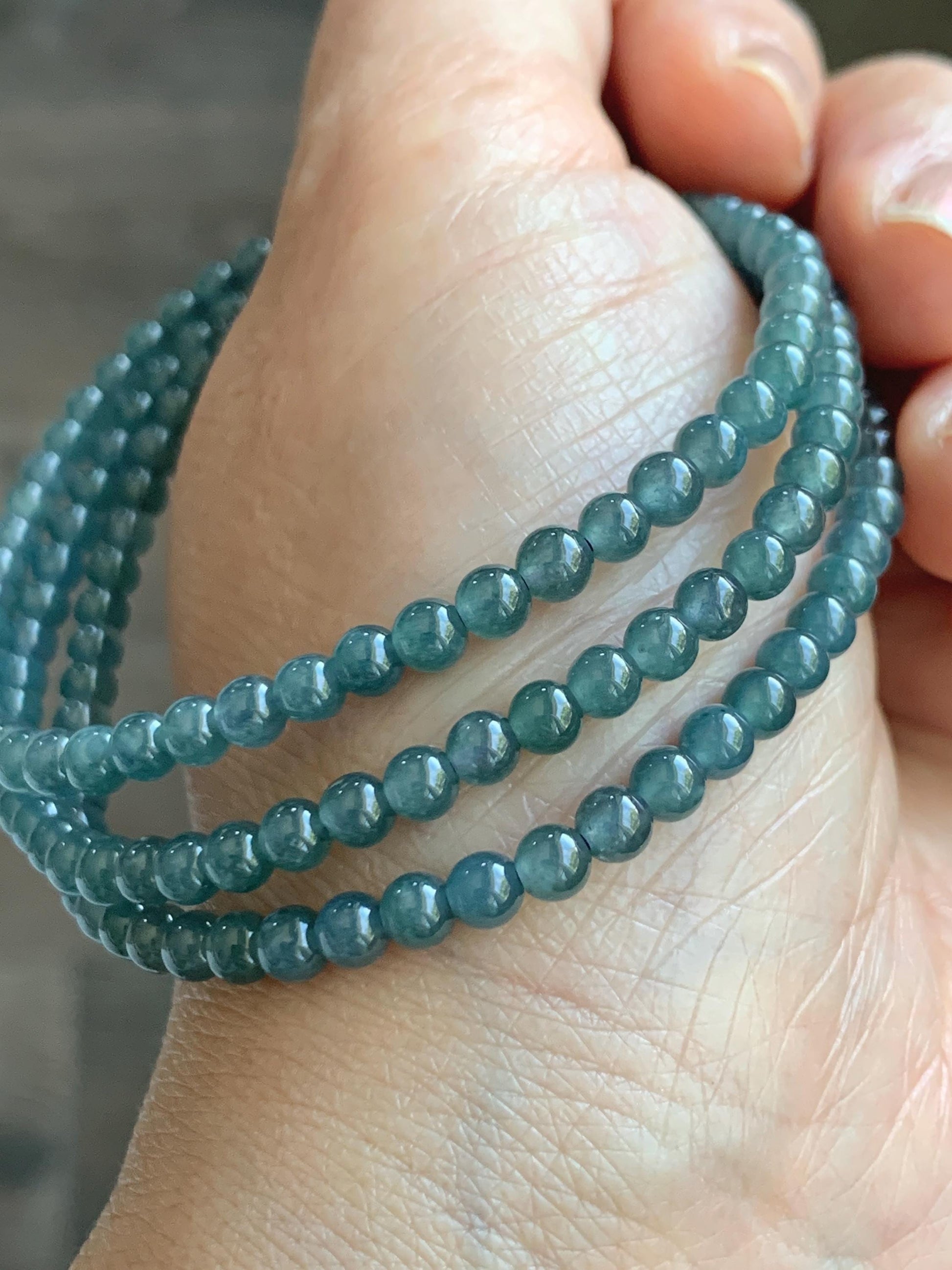 Grade A Natural Guatemalan Icy Translucent Dusty Aegean Blue Jade Jadeite Petite Beaded Necklace 4mm 23” 16g 天然冰危蓝翡翠小圆珠项链 WLM230