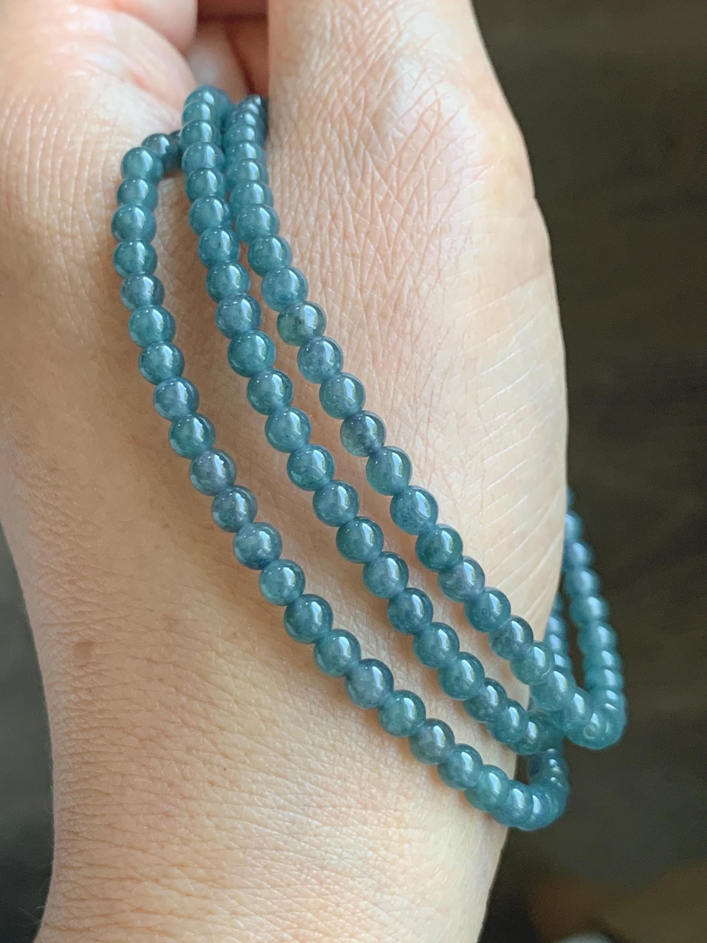 Grade A Natural Guatemalan Icy Translucent Dusty Aegean Blue Jade Jadeite Petite Beaded Necklace 4mm 23” 16g 天然冰危蓝翡翠小圆珠项链 WLM230