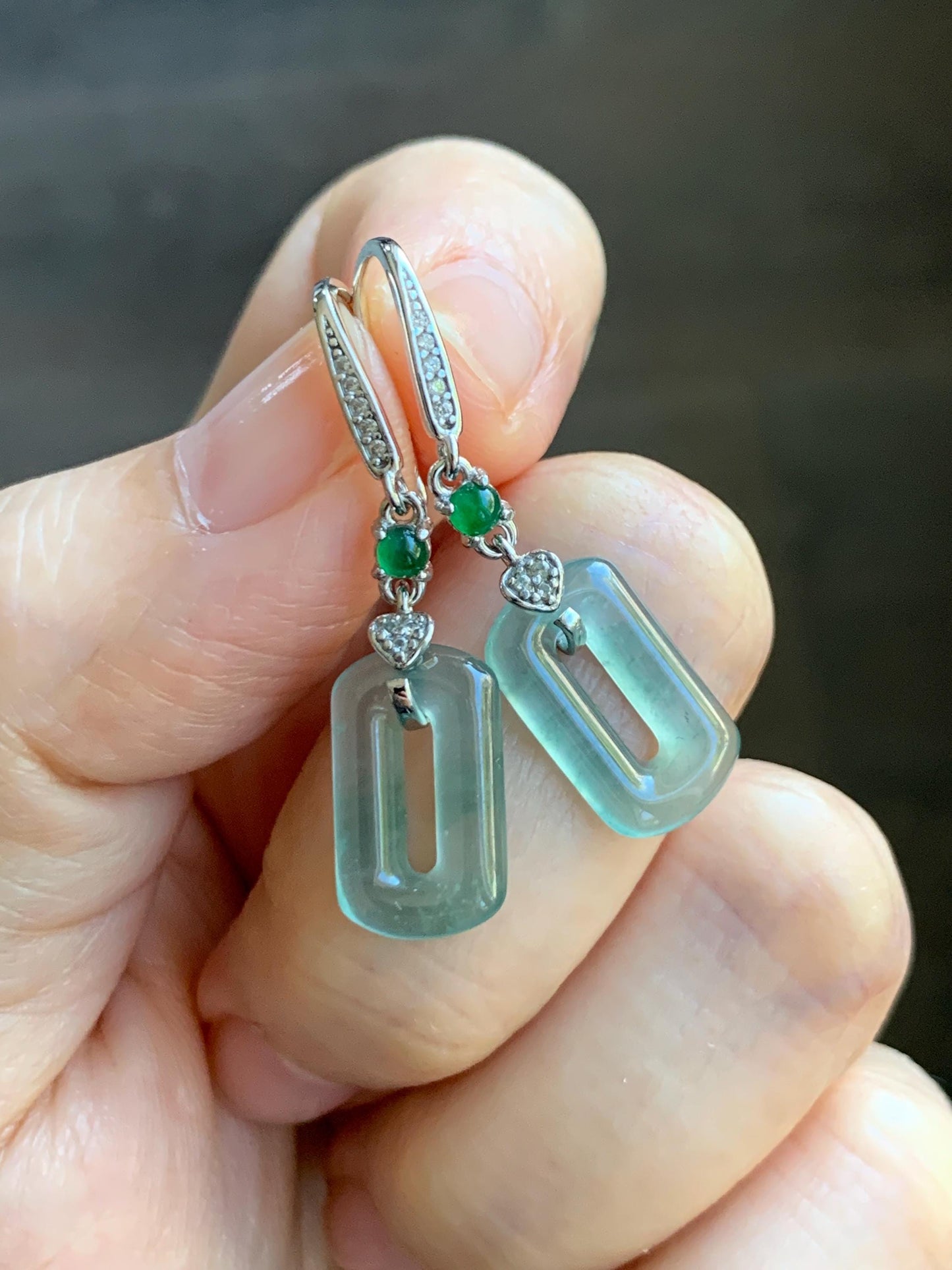 Natural Guatemalan Grade A Icy Highly Translucent Pastel Green Jade Jadeite Donut Ring Dangle Earrings Sterling Silver 天然冰危浅蓝绿翡翠长方扣耳吊 WQC99