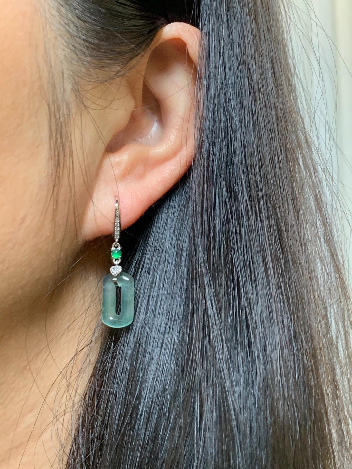Natural Guatemalan Grade A Icy Highly Translucent Pastel Green Jade Jadeite Donut Ring Dangle Earrings Sterling Silver 天然冰危浅蓝绿翡翠长方扣耳吊 WQC99