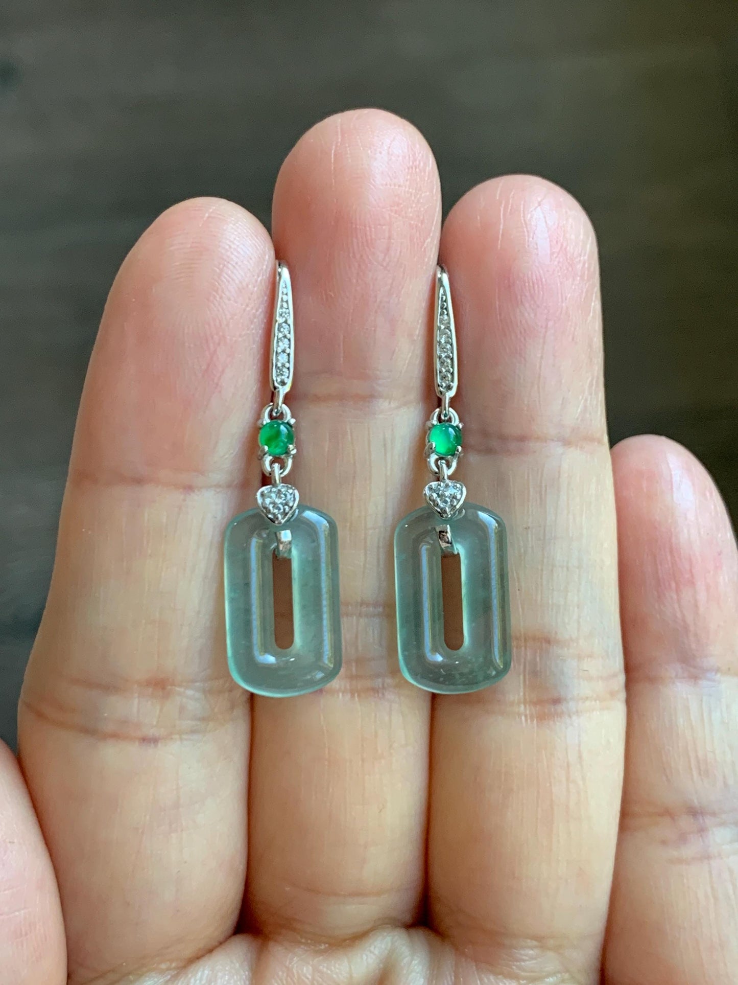 Natural Guatemalan Grade A Icy Highly Translucent Pastel Green Jade Jadeite Donut Ring Dangle Earrings Sterling Silver 天然冰危浅蓝绿翡翠长方扣耳吊 WQC99