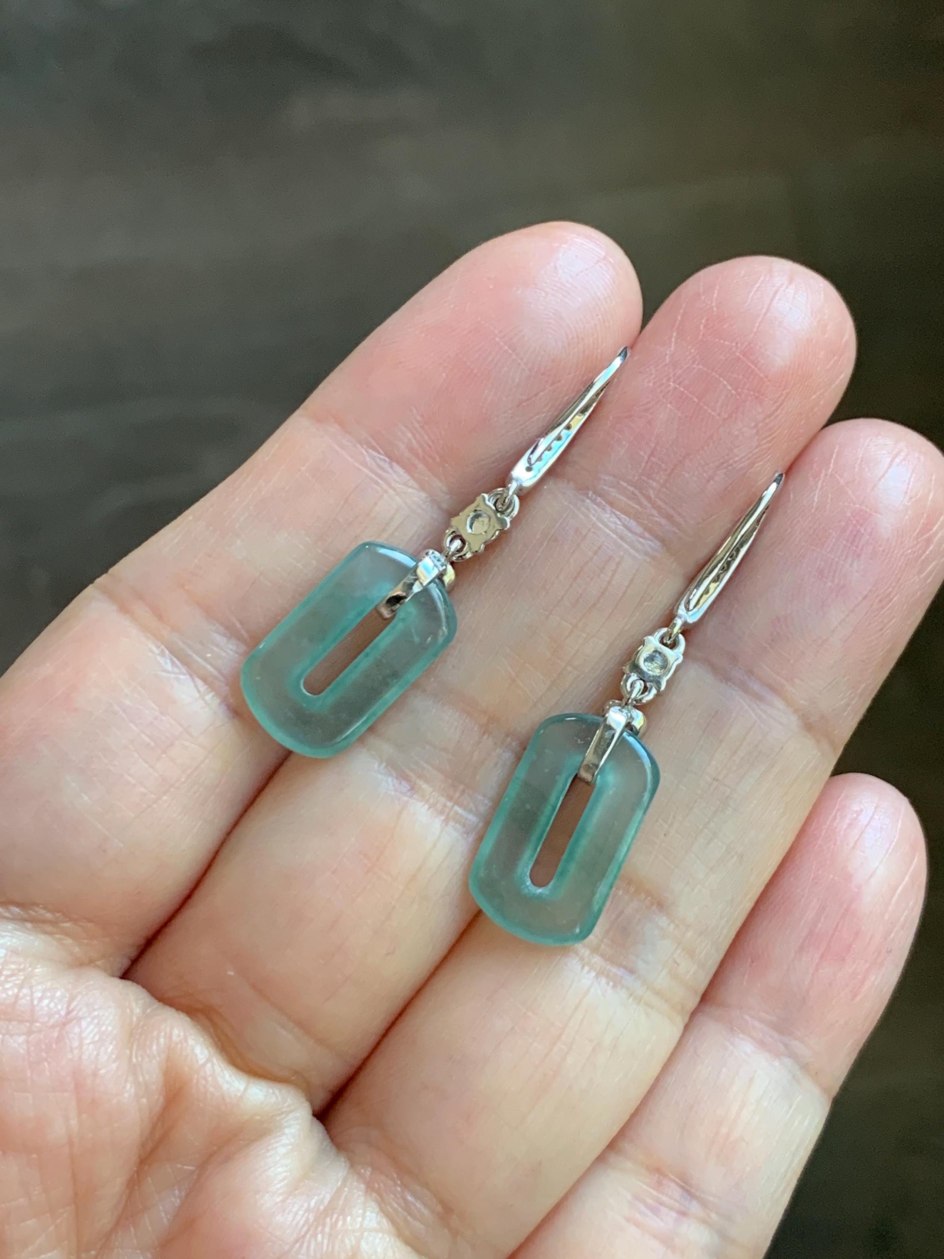 Natural Guatemalan Grade A Icy Highly Translucent Pastel Green Jade Jadeite Donut Ring Dangle Earrings Sterling Silver 天然冰危浅蓝绿翡翠长方扣耳吊 WQC99