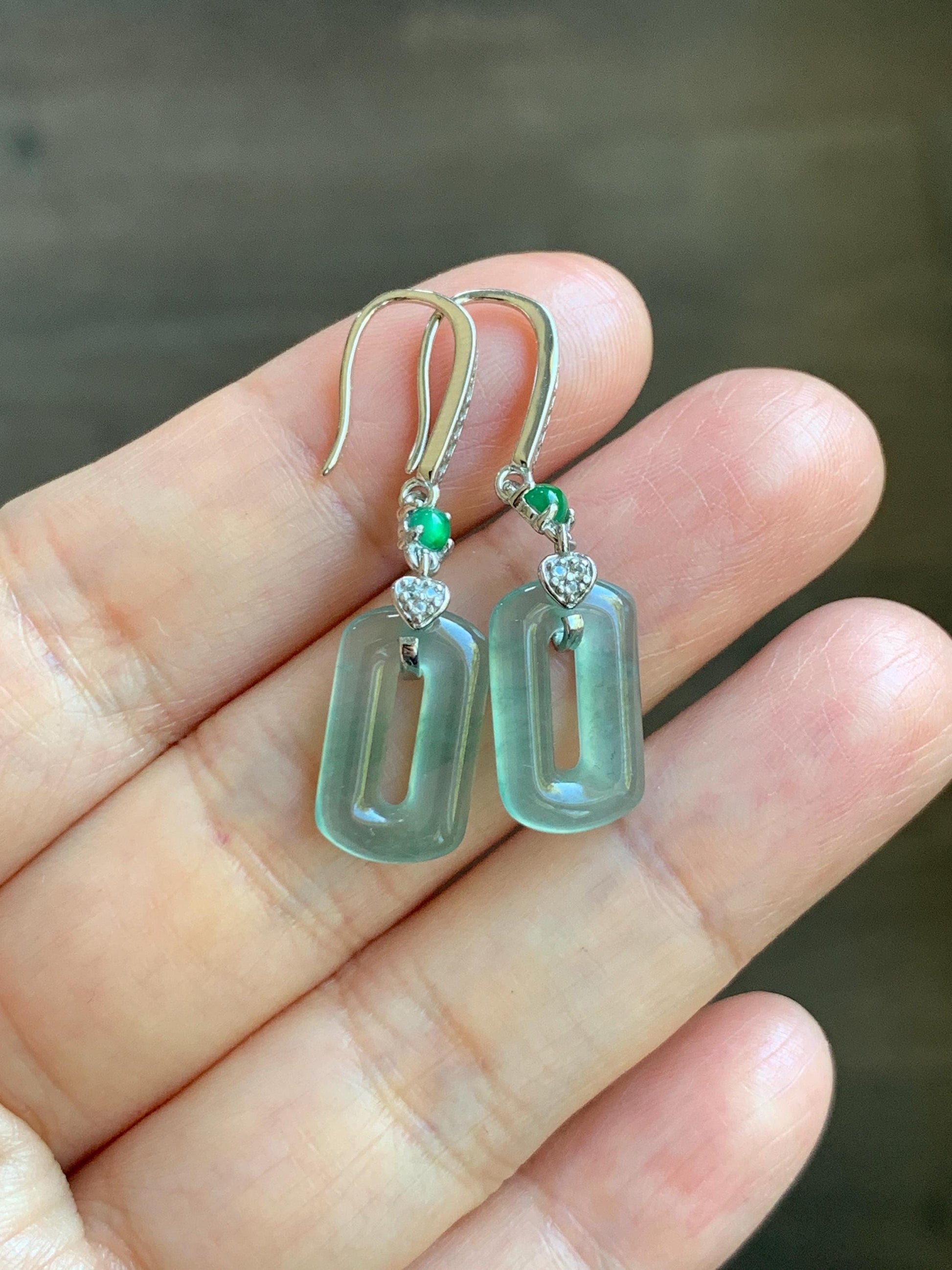 Natural Guatemalan Grade A Icy Highly Translucent Pastel Green Jade Jadeite Donut Ring Dangle Earrings Sterling Silver 天然冰危浅蓝绿翡翠长方扣耳吊 WQC99