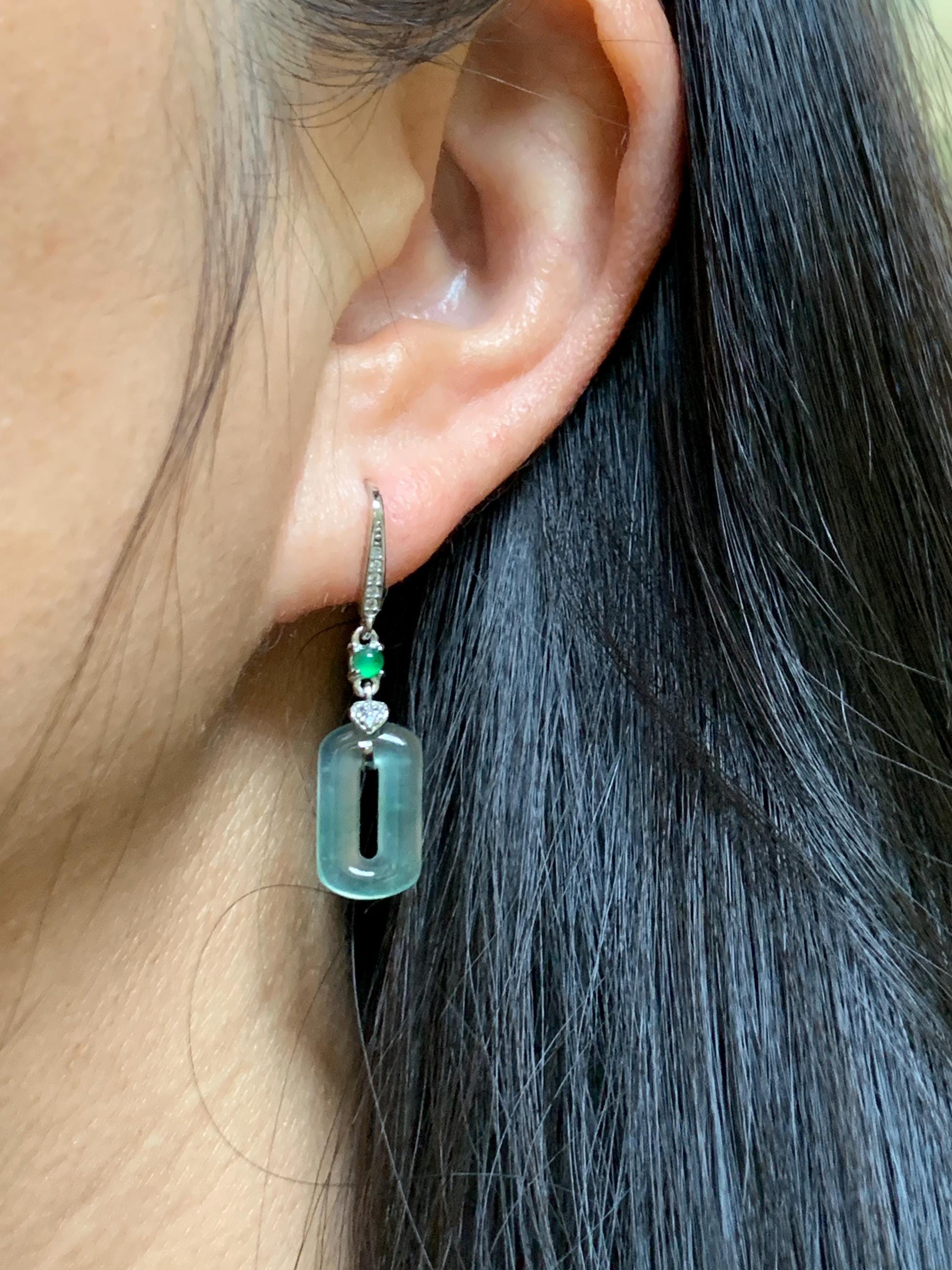 Natural Guatemalan Grade A Icy Highly Translucent Pastel Green Jade Jadeite Donut Ring Dangle Earrings Sterling Silver 天然冰危浅蓝绿翡翠长方扣耳吊 WQC99