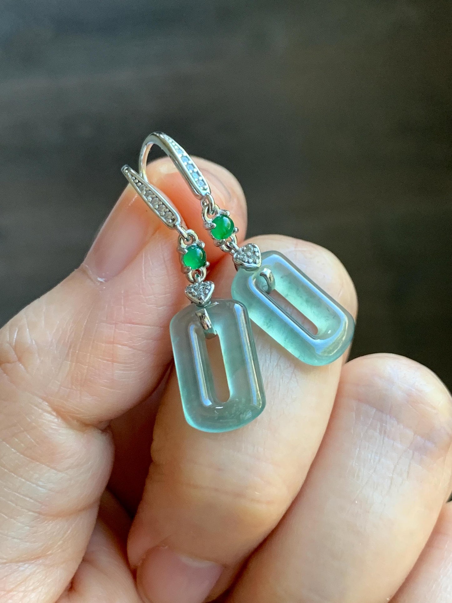 Natural Guatemalan Grade A Icy Highly Translucent Pastel Green Jade Jadeite Donut Ring Dangle Earrings Sterling Silver 天然冰危浅蓝绿翡翠长方扣耳吊 WQC99