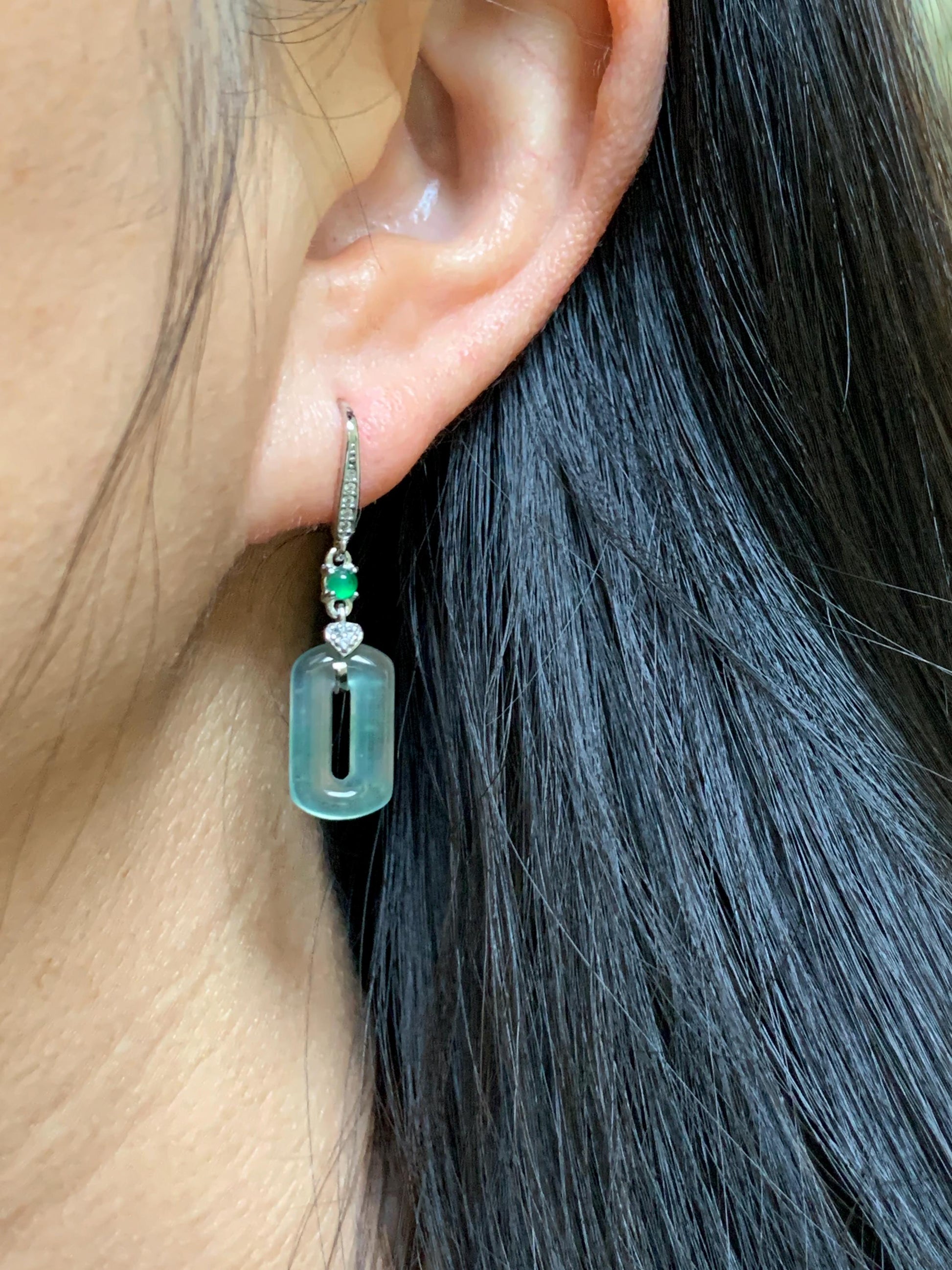 Natural Guatemalan Grade A Icy Highly Translucent Pastel Green Jade Jadeite Donut Ring Dangle Earrings Sterling Silver 天然冰危浅蓝绿翡翠长方扣耳吊 WQC99