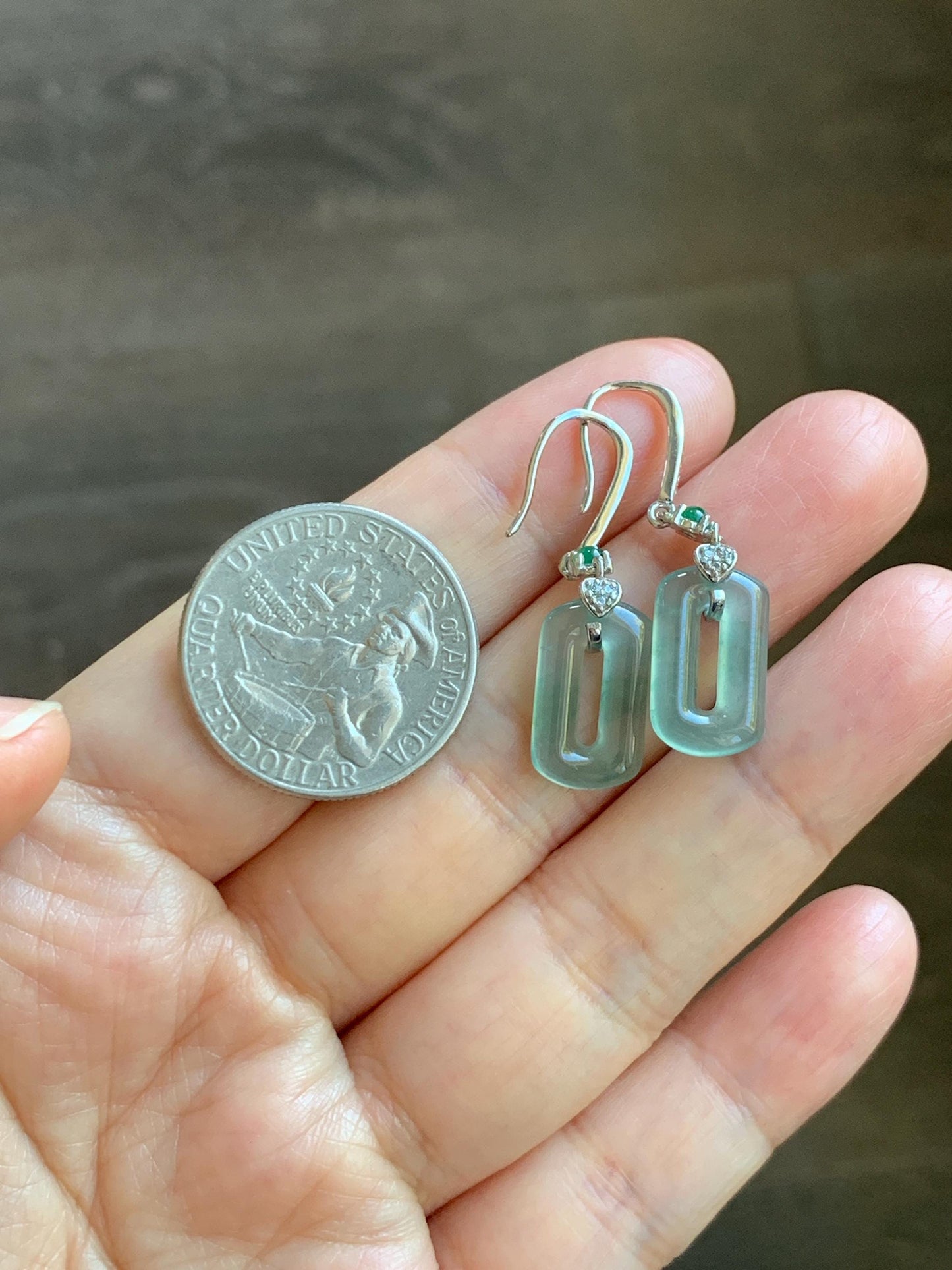 Natural Guatemalan Grade A Icy Highly Translucent Pastel Green Jade Jadeite Donut Ring Dangle Earrings Sterling Silver 天然冰危浅蓝绿翡翠长方扣耳吊 WQC99