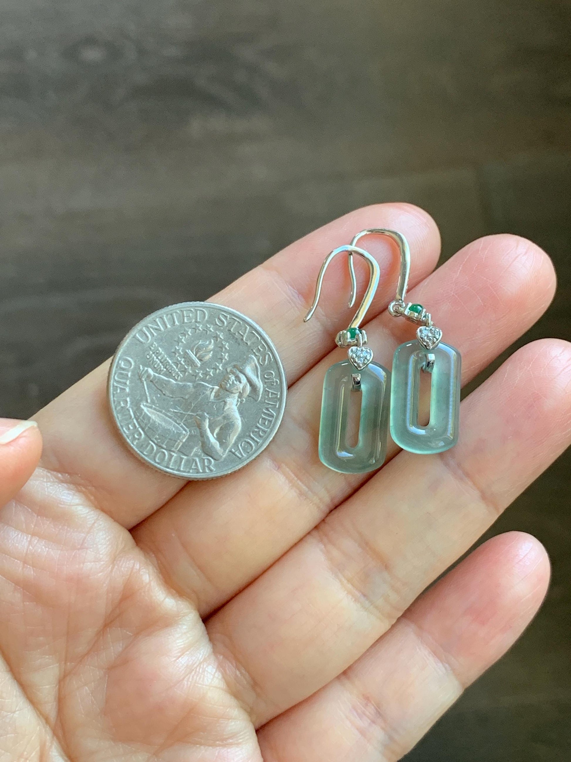 Natural Guatemalan Grade A Icy Highly Translucent Pastel Green Jade Jadeite Donut Ring Dangle Earrings Sterling Silver 天然冰危浅蓝绿翡翠长方扣耳吊 WQC99