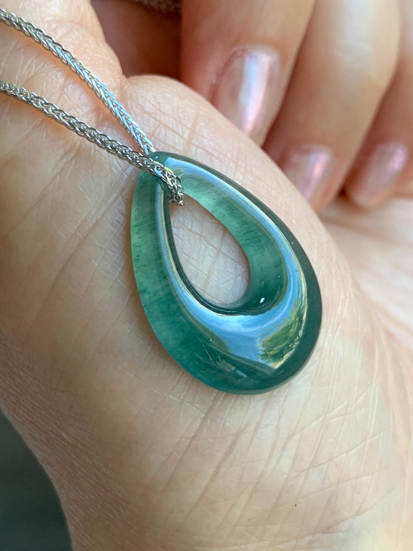 Natural Grade A Guatemalan Icy Translucent Dusty Teal Green Jade Jadeite Teardrop Pendant Necklace Sterling Silver 天然冰危蓝绿起光翡翠水滴项链 WSD121