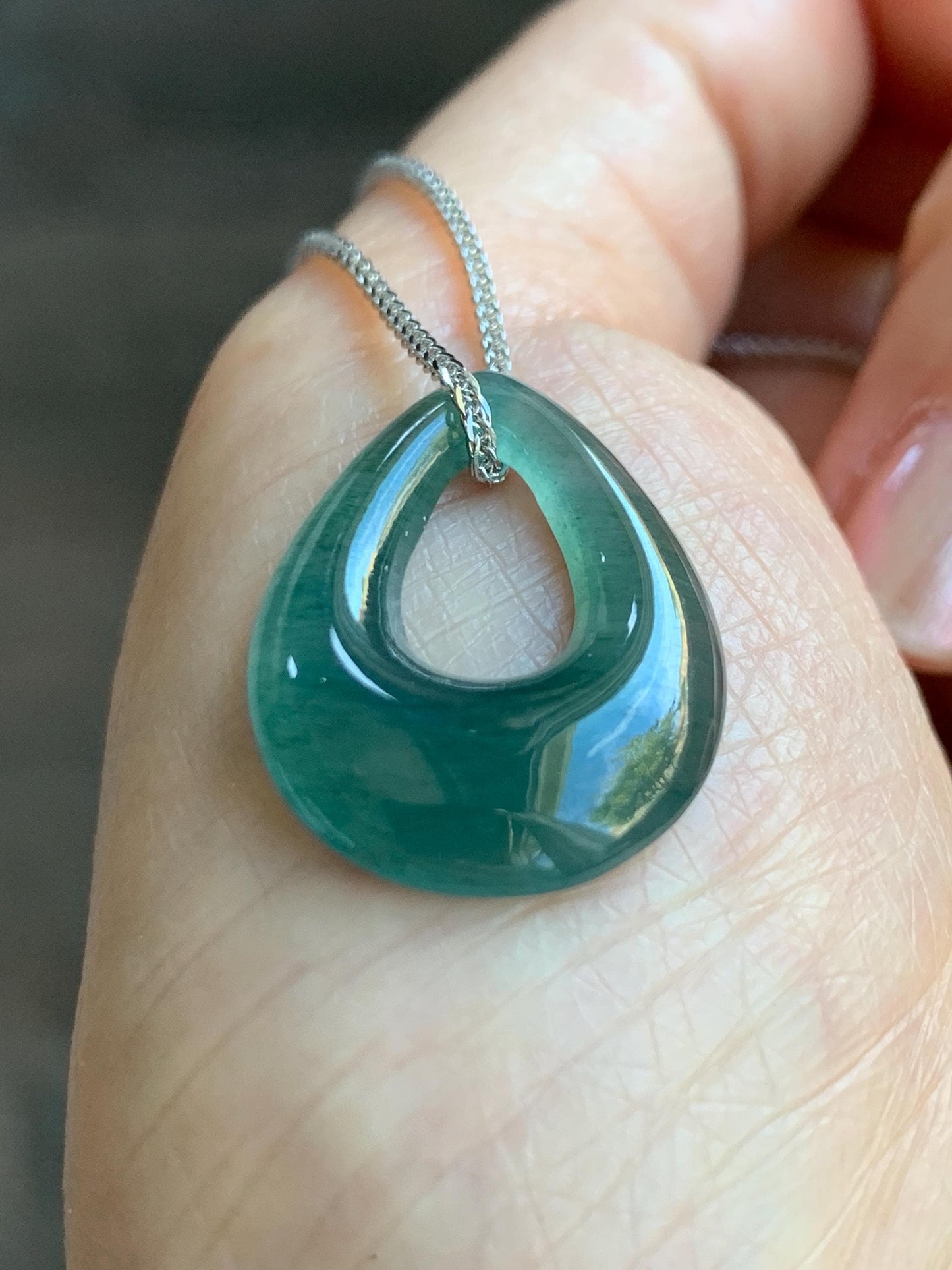 Natural Grade A Guatemalan Icy Translucent Dusty Teal Green Jade Jadeite Teardrop Pendant Necklace Sterling Silver 天然冰危蓝绿起光翡翠水滴项链 WSD121