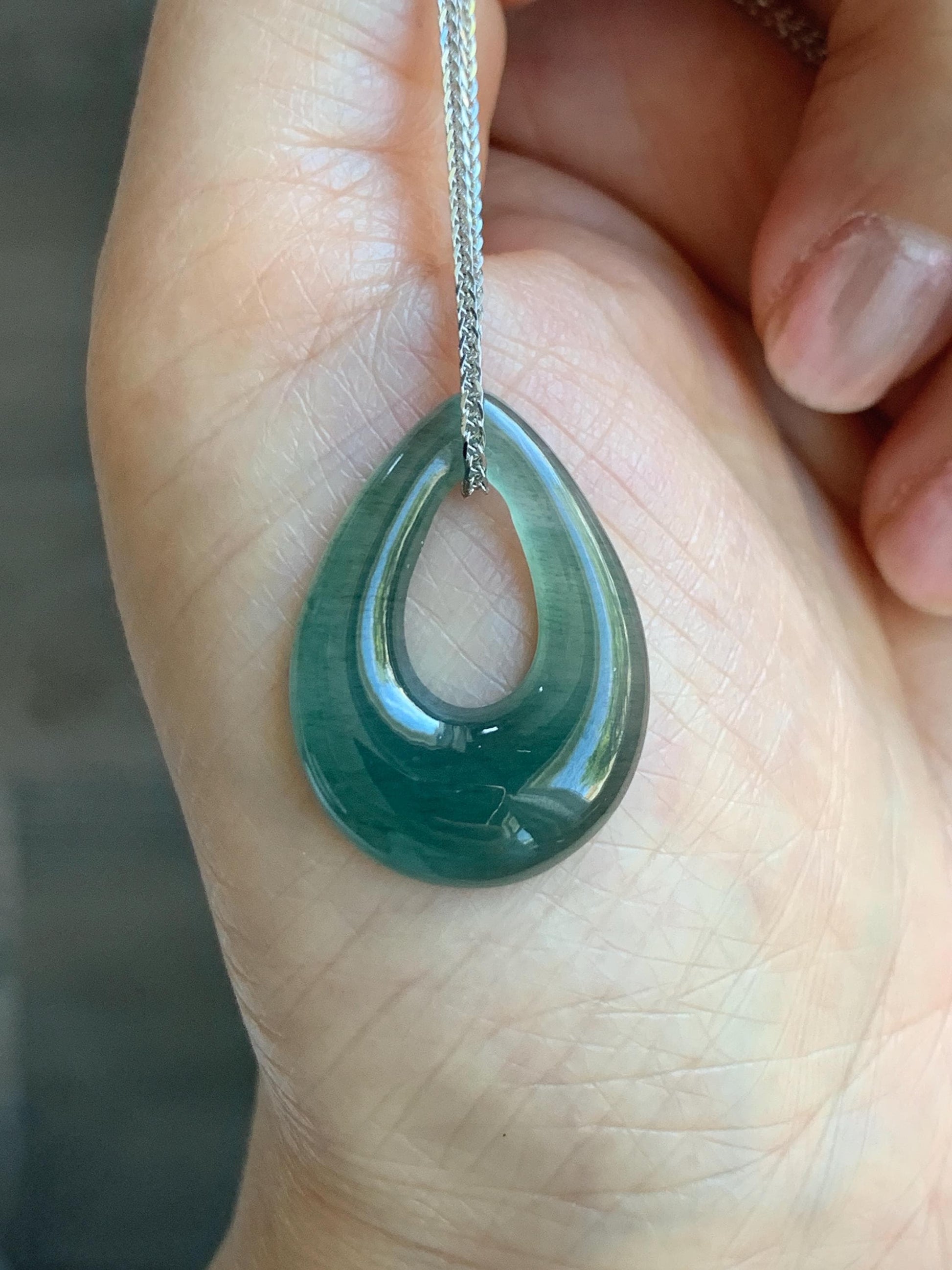 Natural Grade A Guatemalan Icy Translucent Dusty Teal Green Jade Jadeite Teardrop Pendant Necklace Sterling Silver 天然冰危蓝绿起光翡翠水滴项链 WSD121