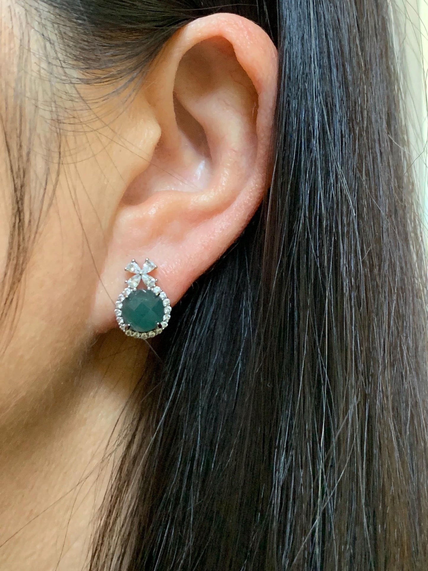 Natural Grade A Guatemalan Icy Translucent Dark Teal Blue Jade Jadeite Faceted Round Stud Earrings Sterling Silver 天然冰危深蓝绿翡翠切割面银镶耳钉 WQG77