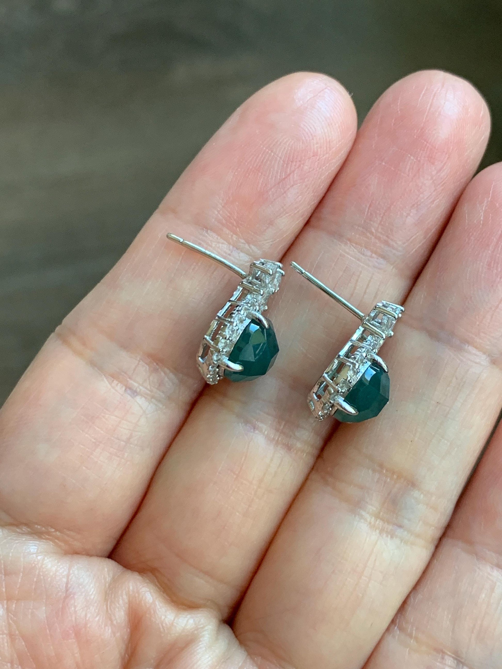 Natural Grade A Guatemalan Icy Translucent Dark Teal Blue Jade Jadeite Faceted Round Stud Earrings Sterling Silver 天然冰危深蓝绿翡翠切割面银镶耳钉 WQG77