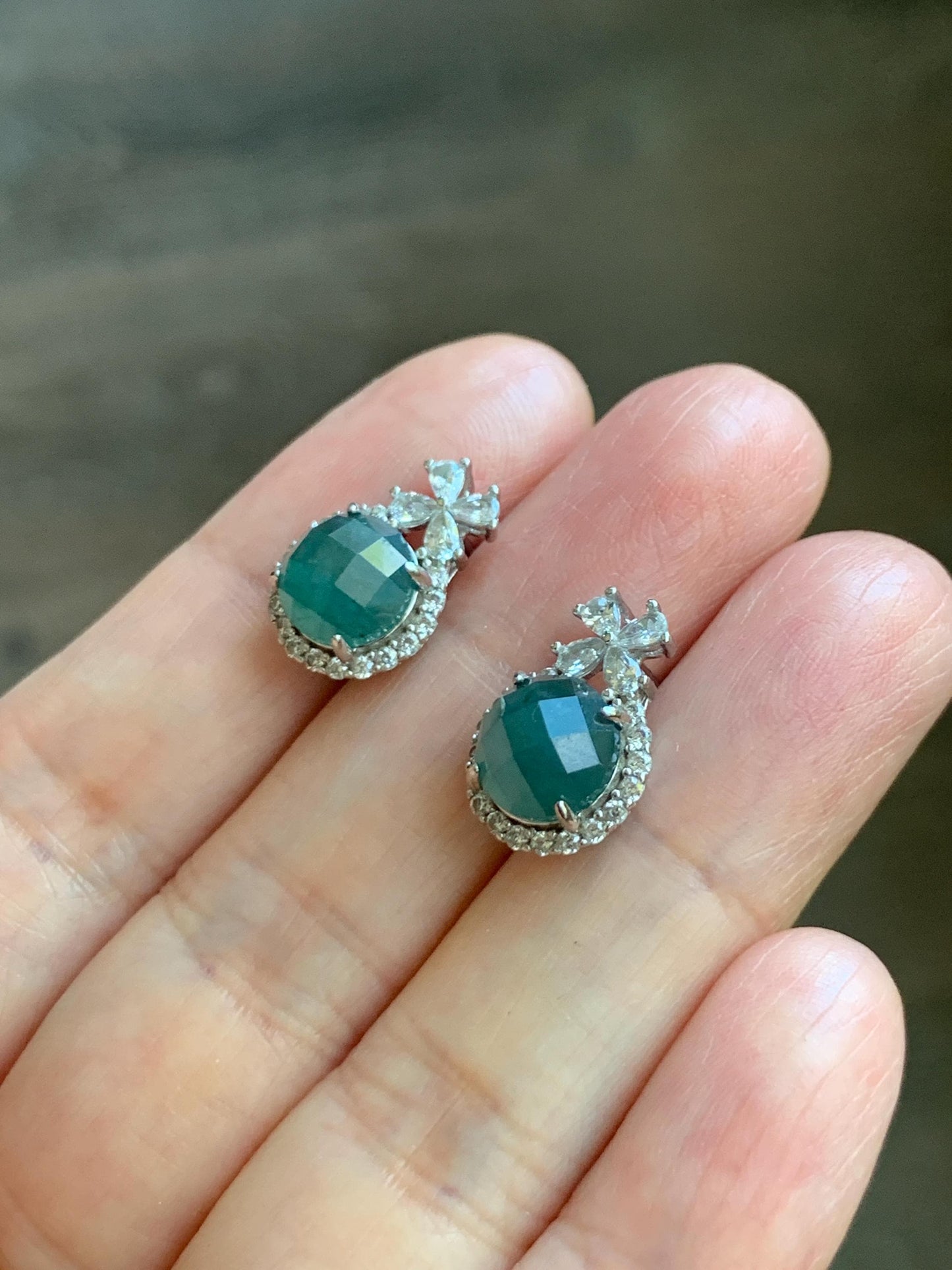 Natural Grade A Guatemalan Icy Translucent Dark Teal Blue Jade Jadeite Faceted Round Stud Earrings Sterling Silver 天然冰危深蓝绿翡翠切割面银镶耳钉 WQG77