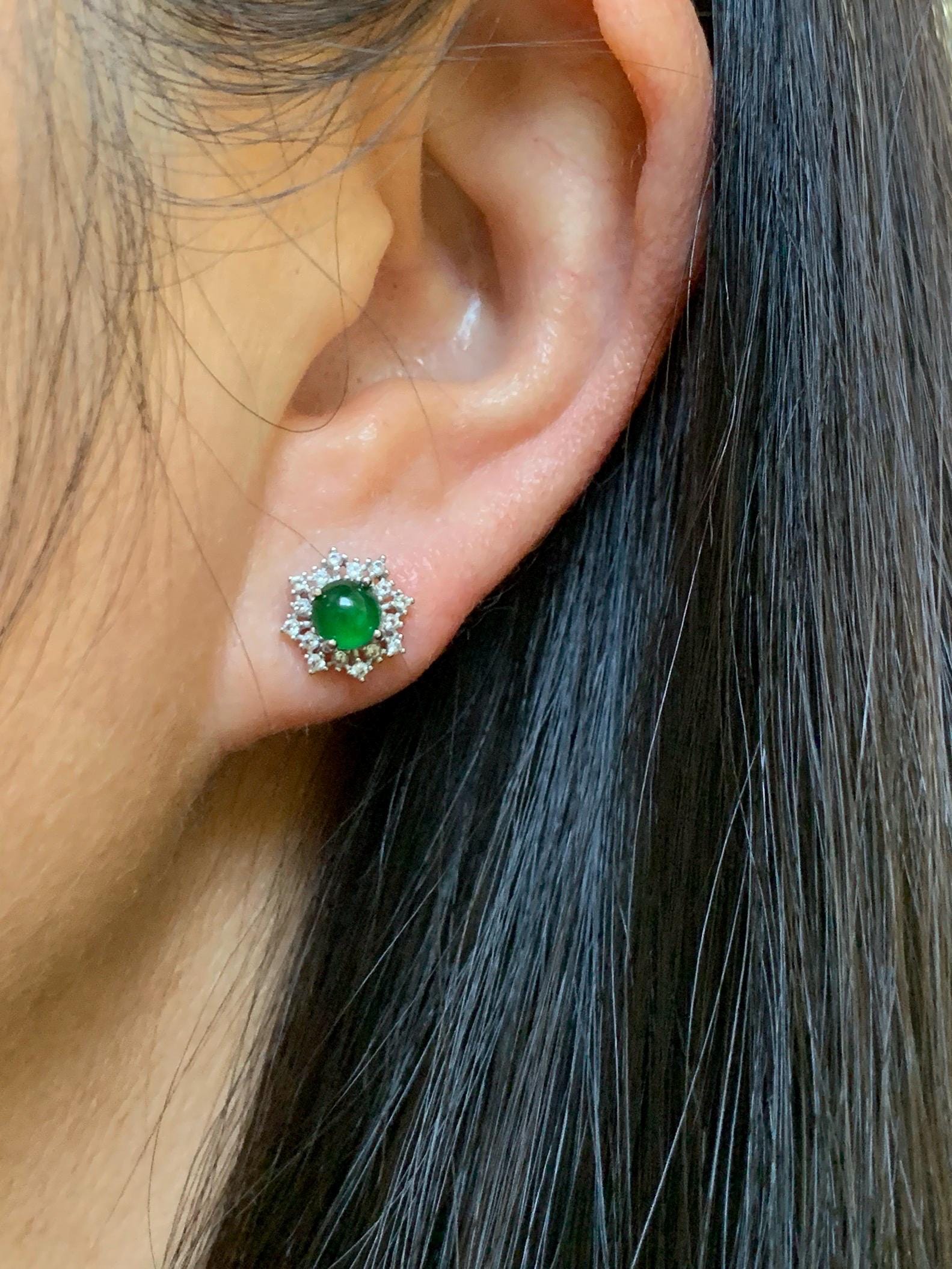 Natural Guatemalan Grade A Icy Translucent Vibrant Green Jade Jadeite Snowflake Stud Earrings Sterling Silver 天然冰危绿翡翠银镶耳钉 HAE77