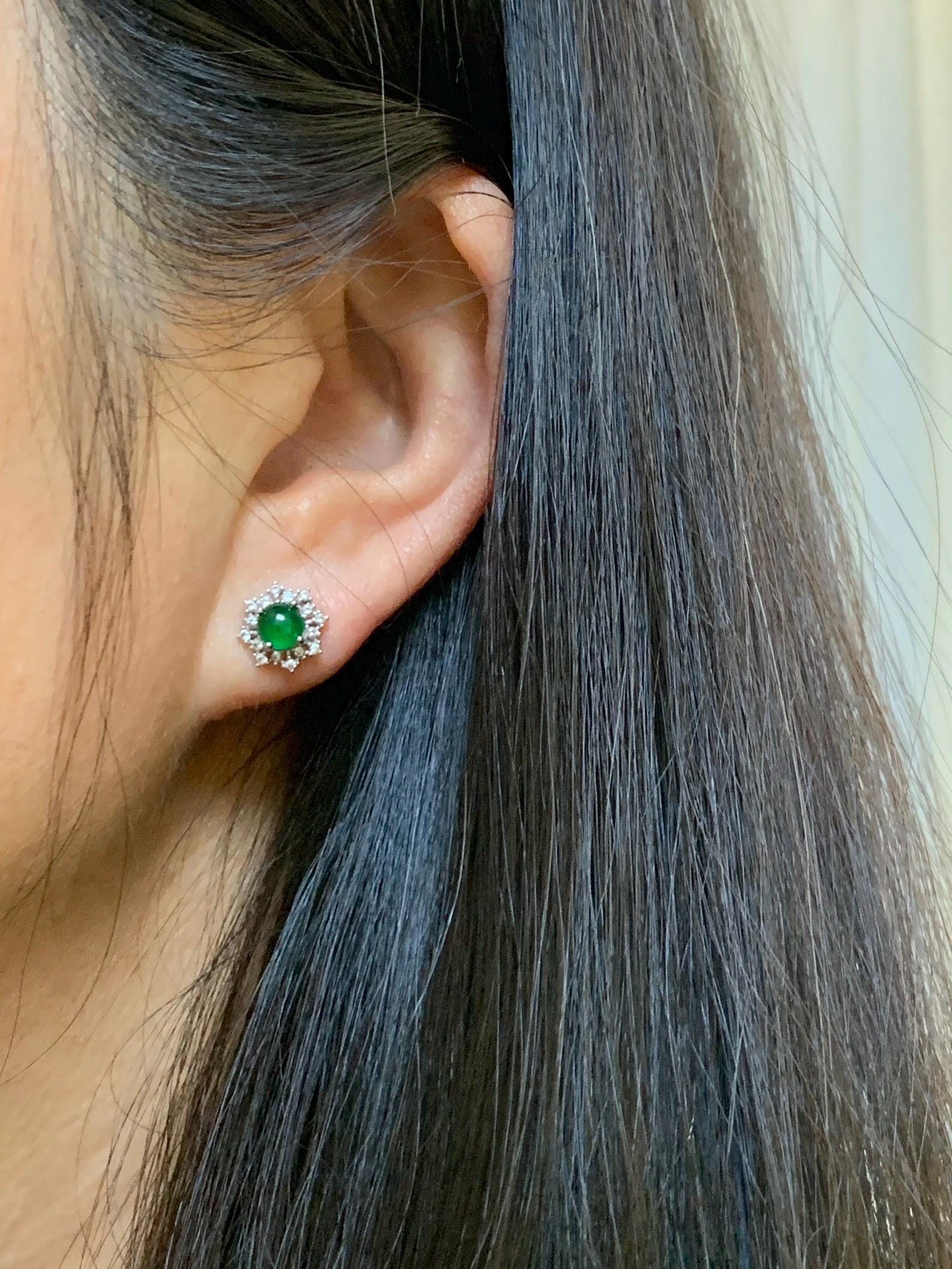 Natural Guatemalan Grade A Icy Translucent Vibrant Green Jade Jadeite Snowflake Stud Earrings Sterling Silver 天然冰危绿翡翠银镶耳钉 HAE77