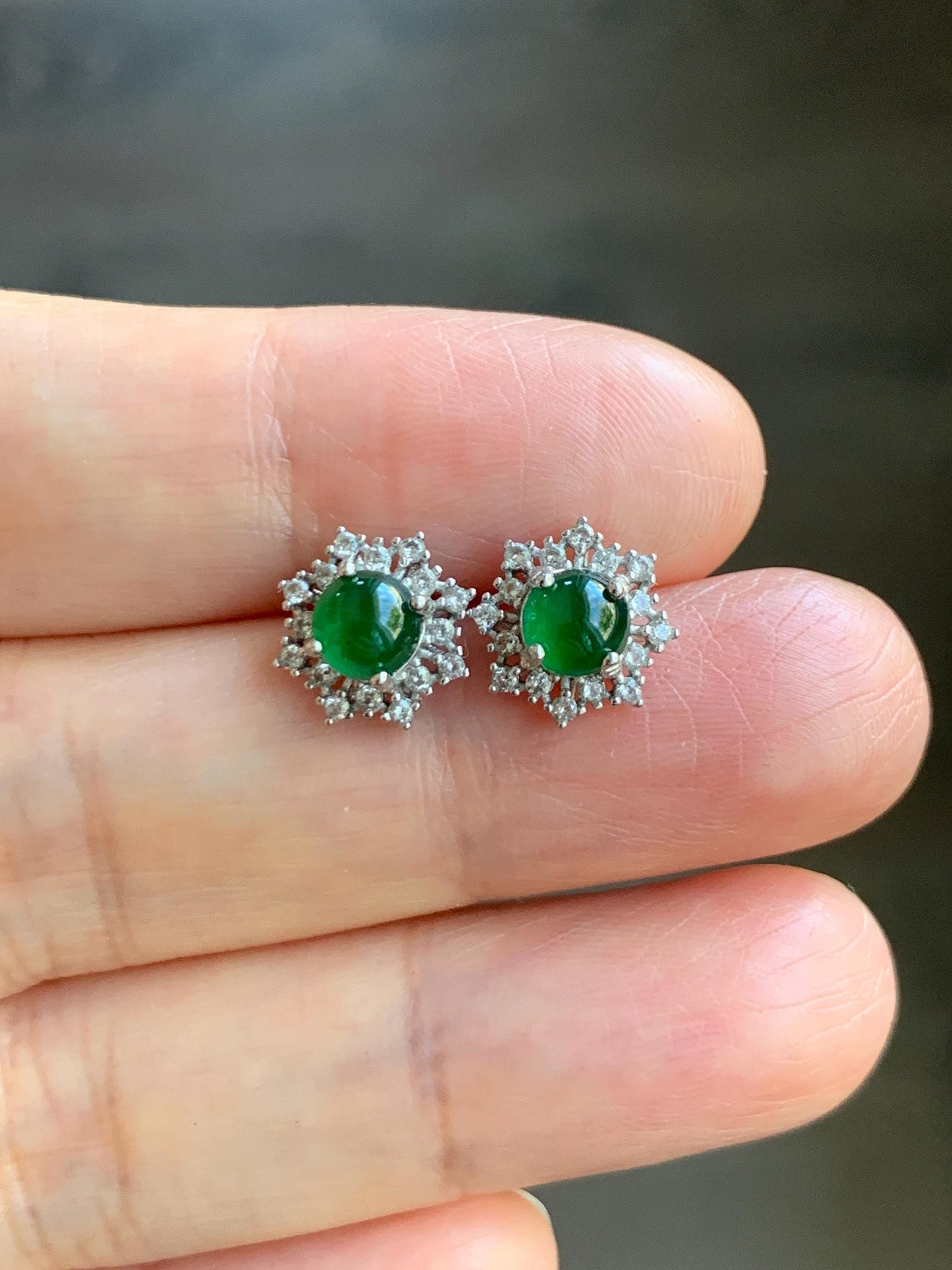 Natural Guatemalan Grade A Icy Translucent Vibrant Green Jade Jadeite Snowflake Stud Earrings Sterling Silver 天然冰危绿翡翠银镶耳钉 HAE77