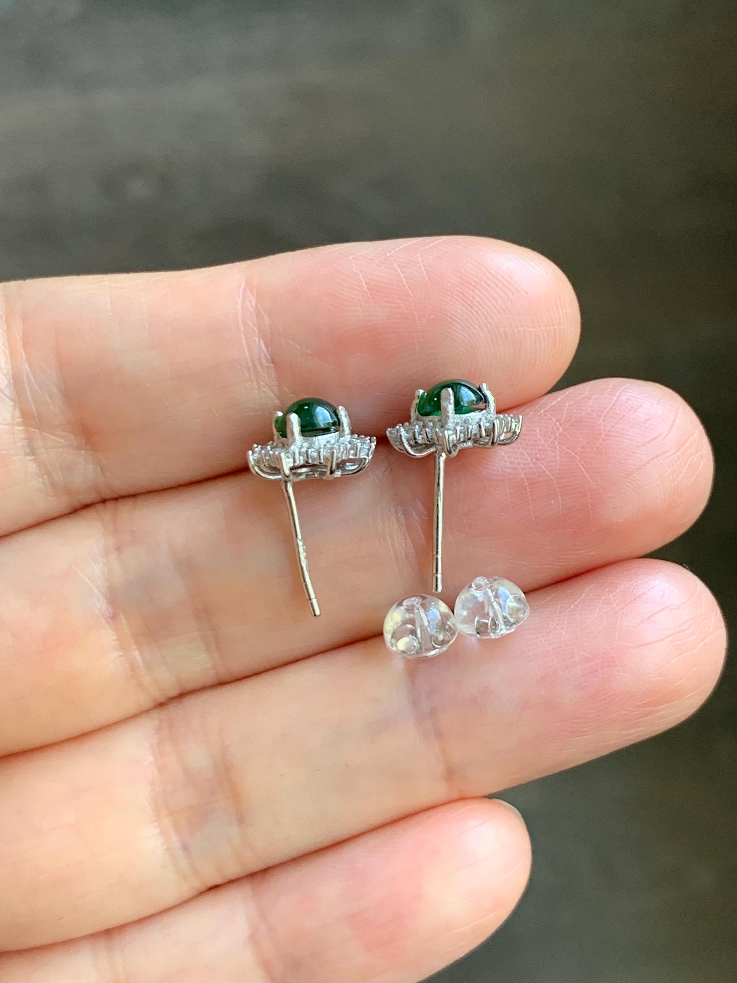 Natural Guatemalan Grade A Icy Translucent Vibrant Green Jade Jadeite Snowflake Stud Earrings Sterling Silver 天然冰危绿翡翠银镶耳钉 HAE77