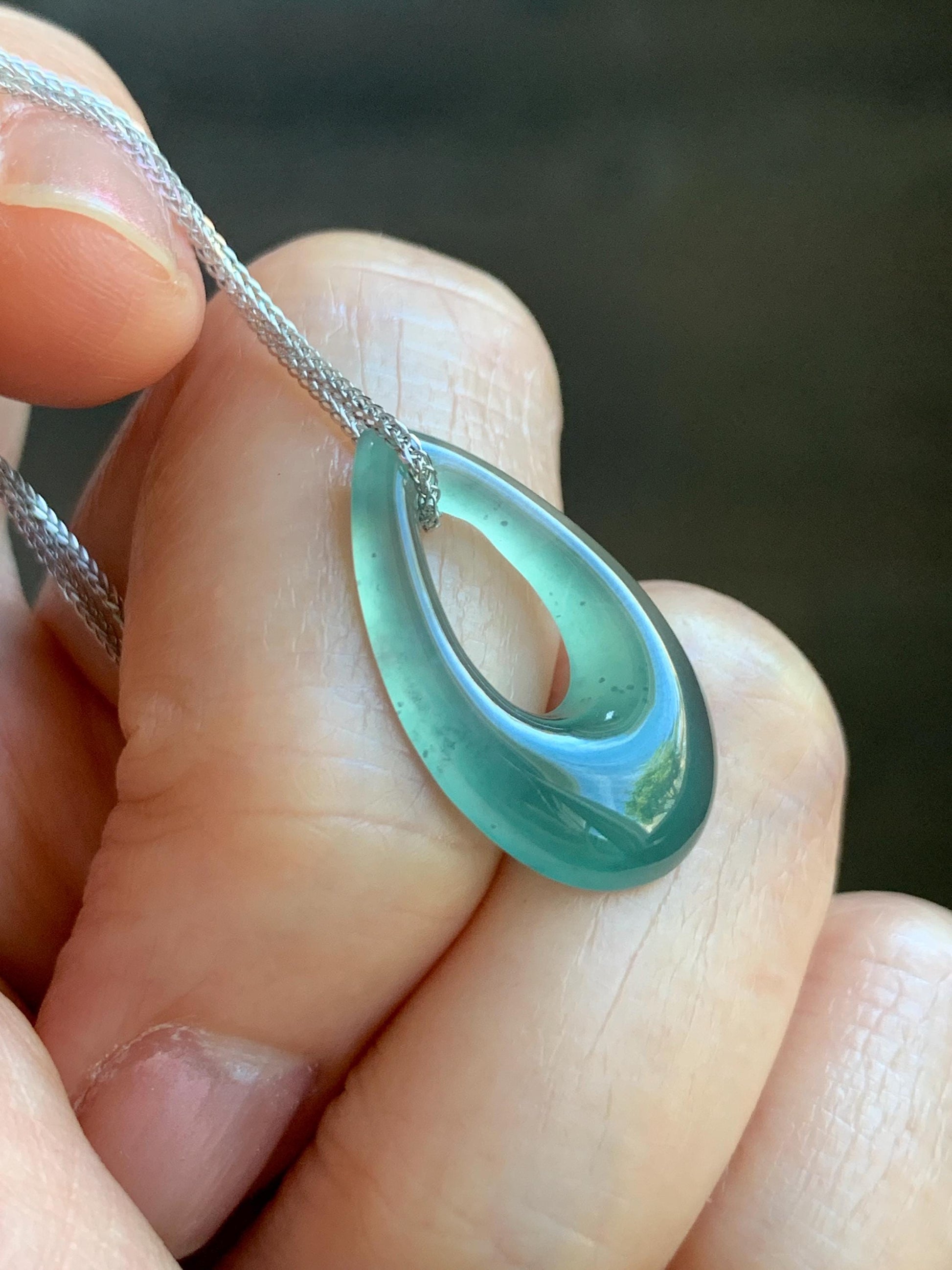 Natural Grade A Guatemalan Icy Translucent Teal Green Jade Jadeite Teardrop Pendant Necklace Sterling Silver 17” 天然冰危蓝绿起光翡翠水滴项链 WSD88D
