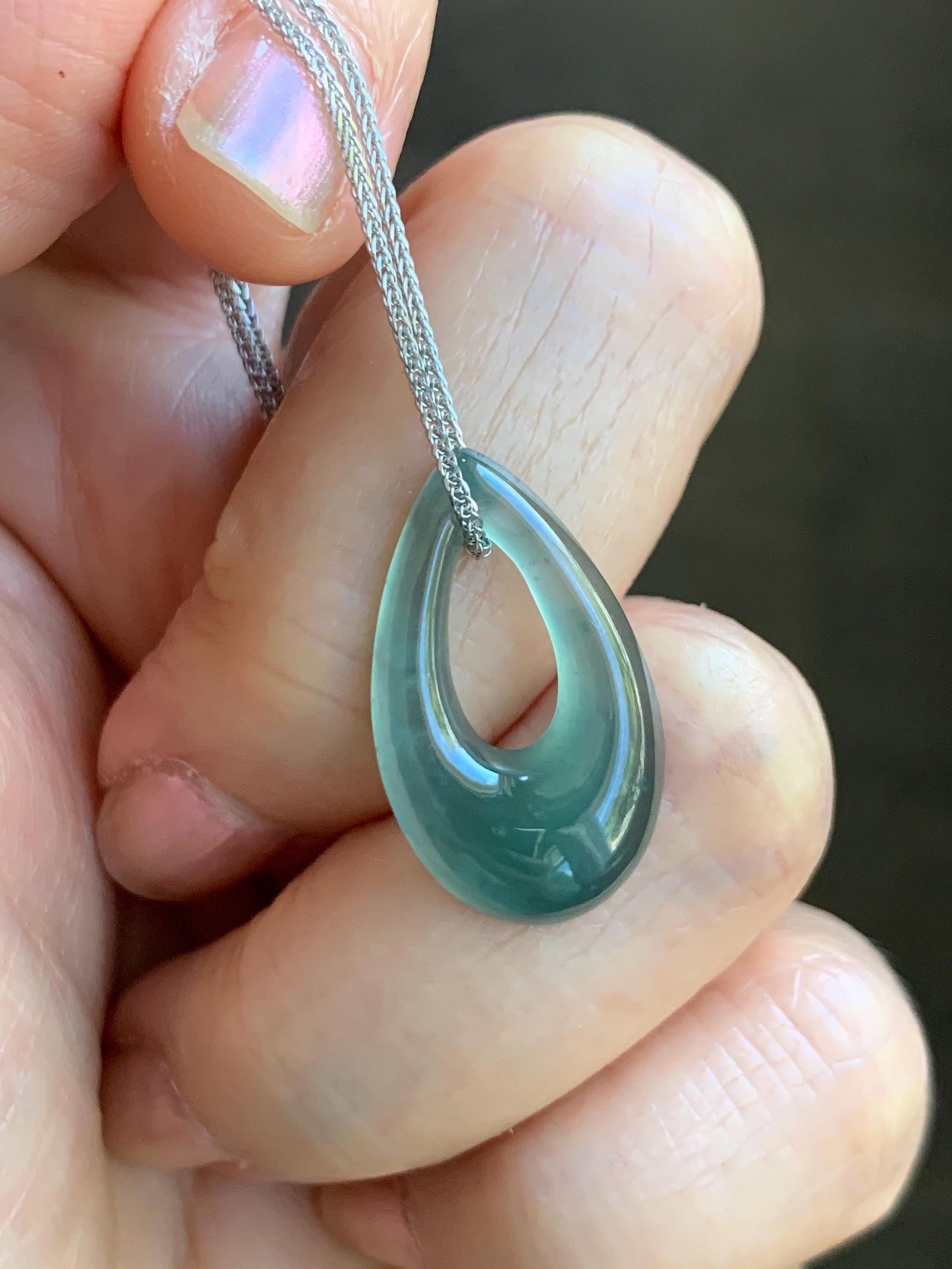 Natural Grade A Guatemalan Icy Translucent Teal Green Jade Jadeite Teardrop Pendant Necklace Sterling Silver 17” 天然冰危蓝绿起光翡翠水滴项链 WSD88D