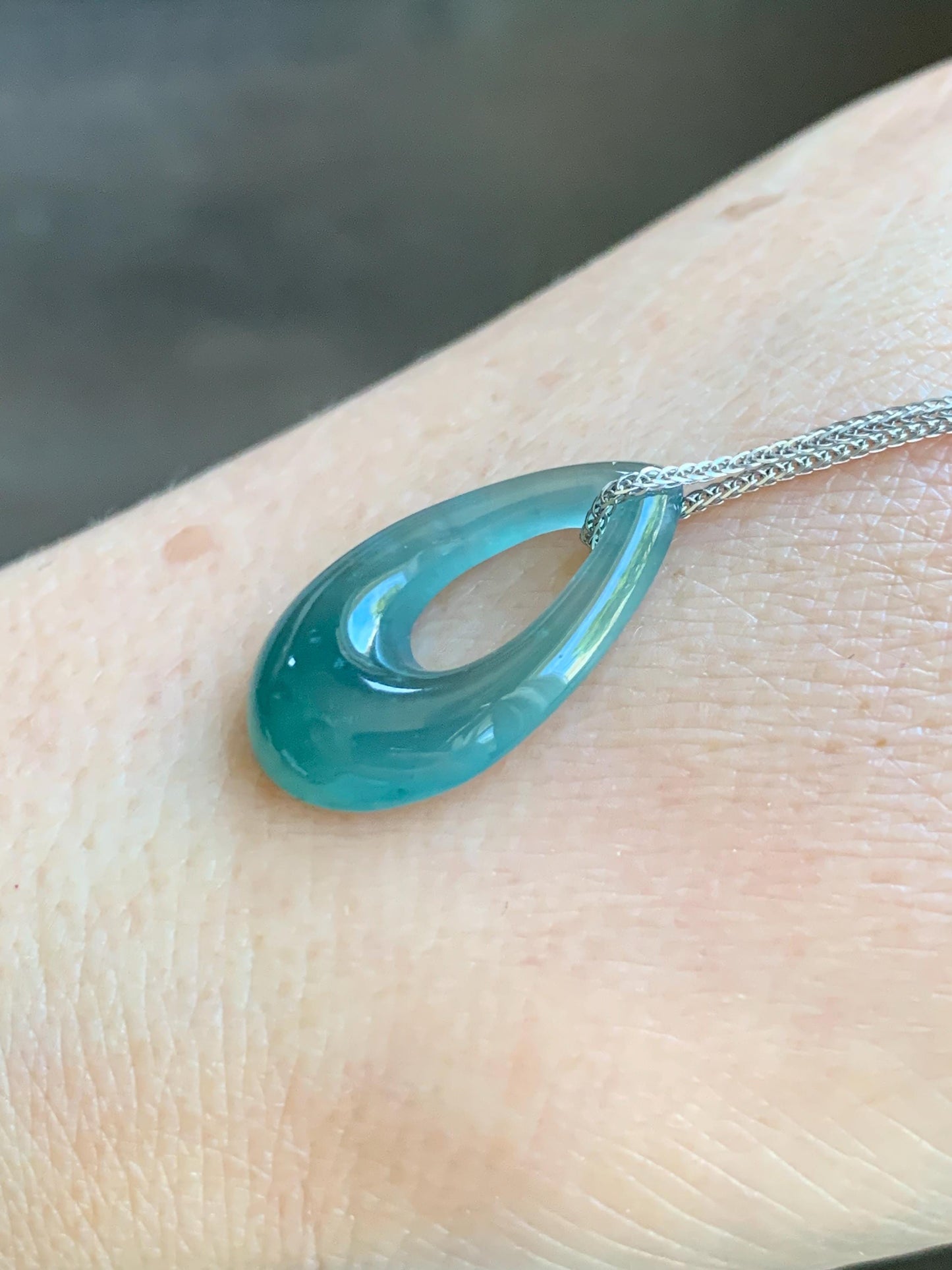 Natural Grade A Guatemalan Icy Translucent Teal Green Jade Jadeite Teardrop Pendant Necklace Sterling Silver 17” 天然冰危蓝绿起光翡翠水滴项链 WSD88D