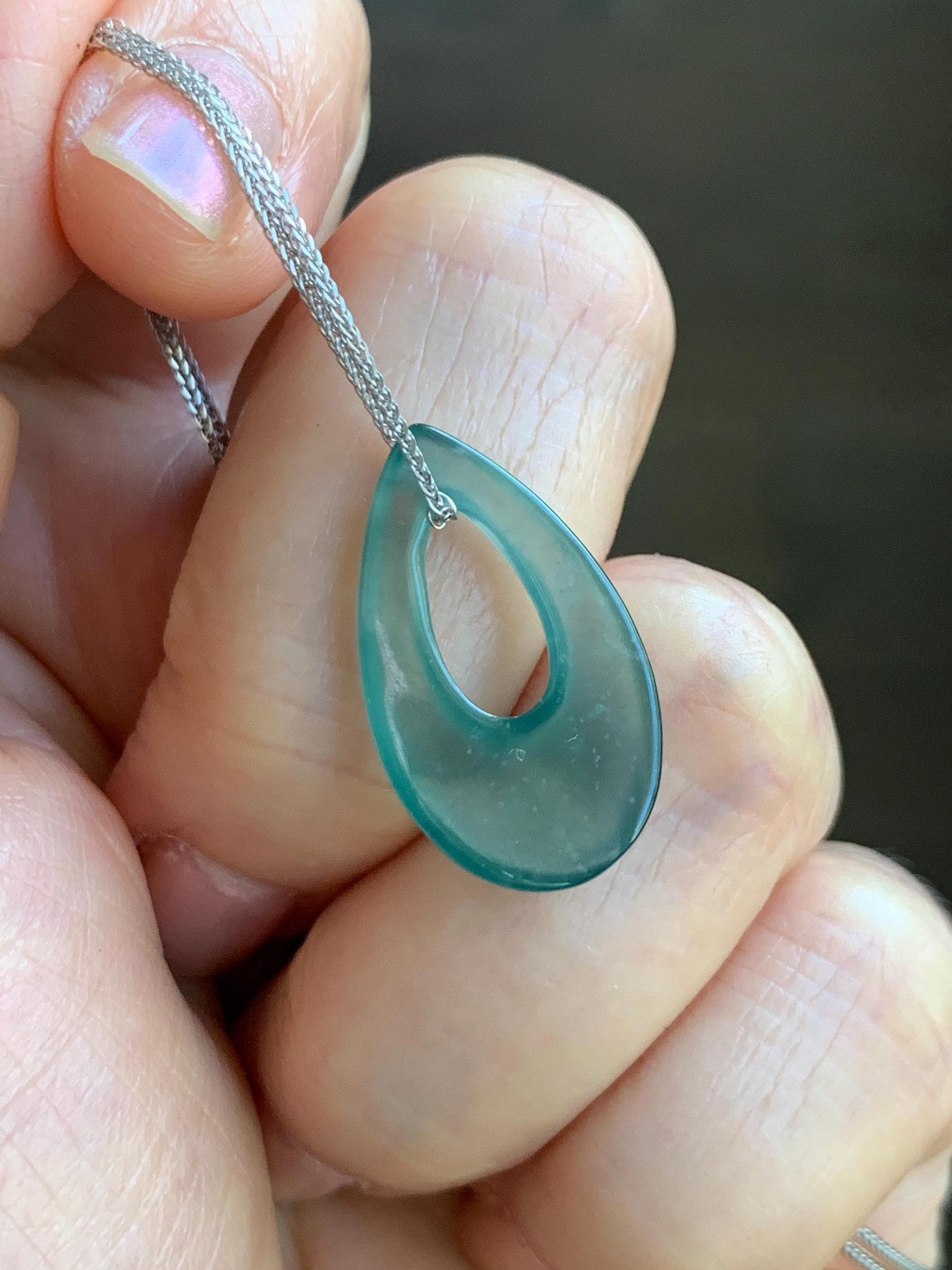 Natural Grade A Guatemalan Icy Translucent Teal Green Jade Jadeite Teardrop Pendant Necklace Sterling Silver 17” 天然冰危蓝绿起光翡翠水滴项链 WSD88D