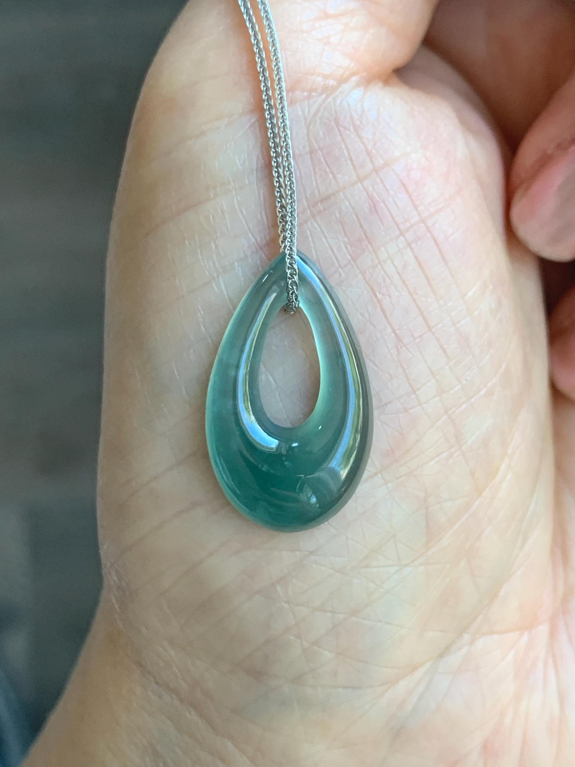 Natural Grade A Guatemalan Icy Translucent Teal Green Jade Jadeite Teardrop Pendant Necklace Sterling Silver 17” 天然冰危蓝绿起光翡翠水滴项链 WSD88D