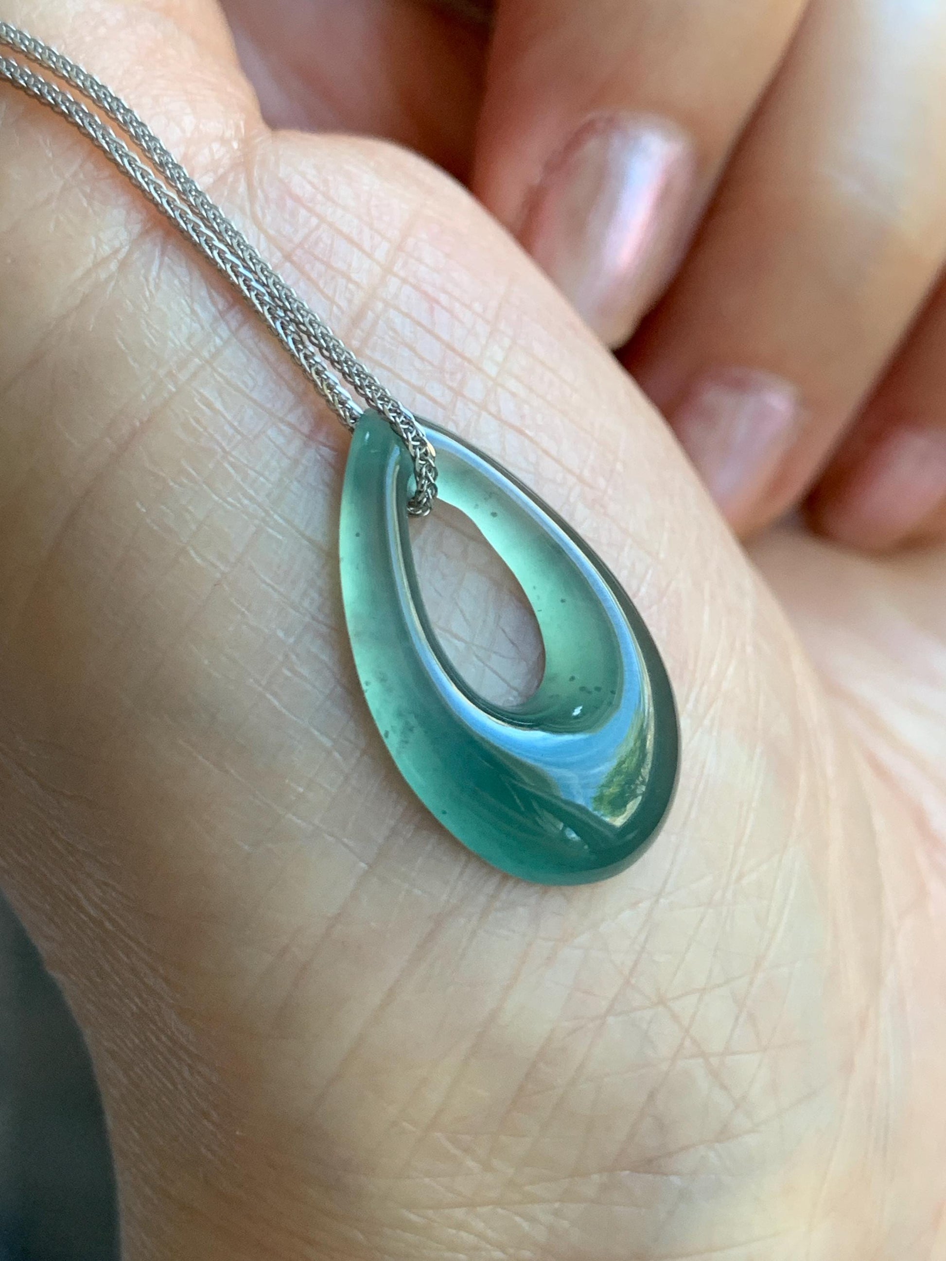 Natural Grade A Guatemalan Icy Translucent Teal Green Jade Jadeite Teardrop Pendant Necklace Sterling Silver 17” 天然冰危蓝绿起光翡翠水滴项链 WSD88D