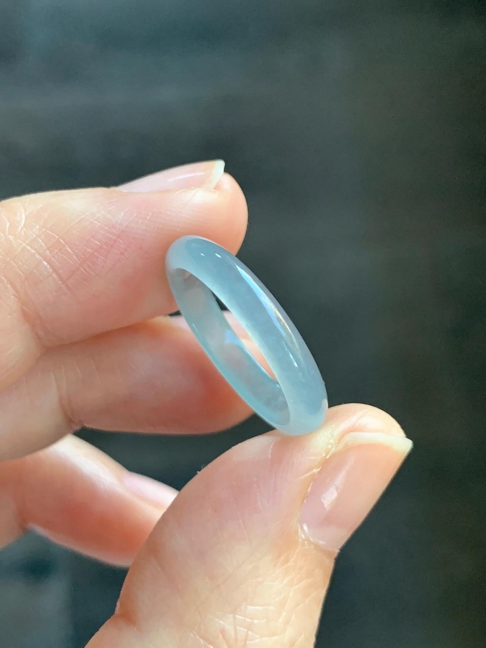 Natural Grade A Guatemalan Icy Highly Translucent Pastel Blue Jade Jadeite Band Ring Size 6.5 US 天然冰危起光浅蓝翡翠戒圈 QWZ150B