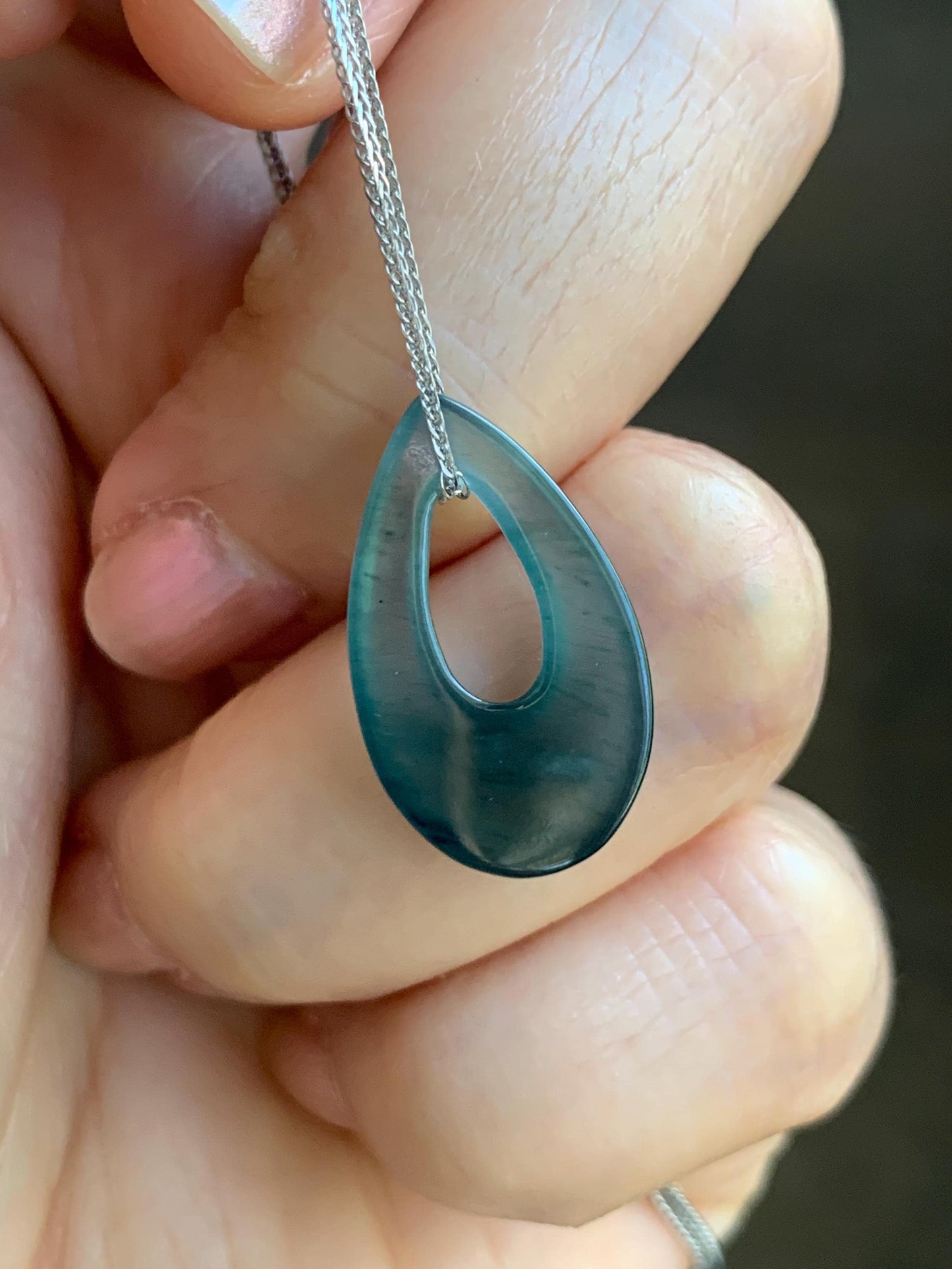 Natural Grade A Guatemalan Icy Translucent Dark Teal Blue Jade Jadeite Teardrop Pendant Necklace Sterling Silver 17” 天然冰危深蓝绿起光翡翠水滴项链 WSD88C