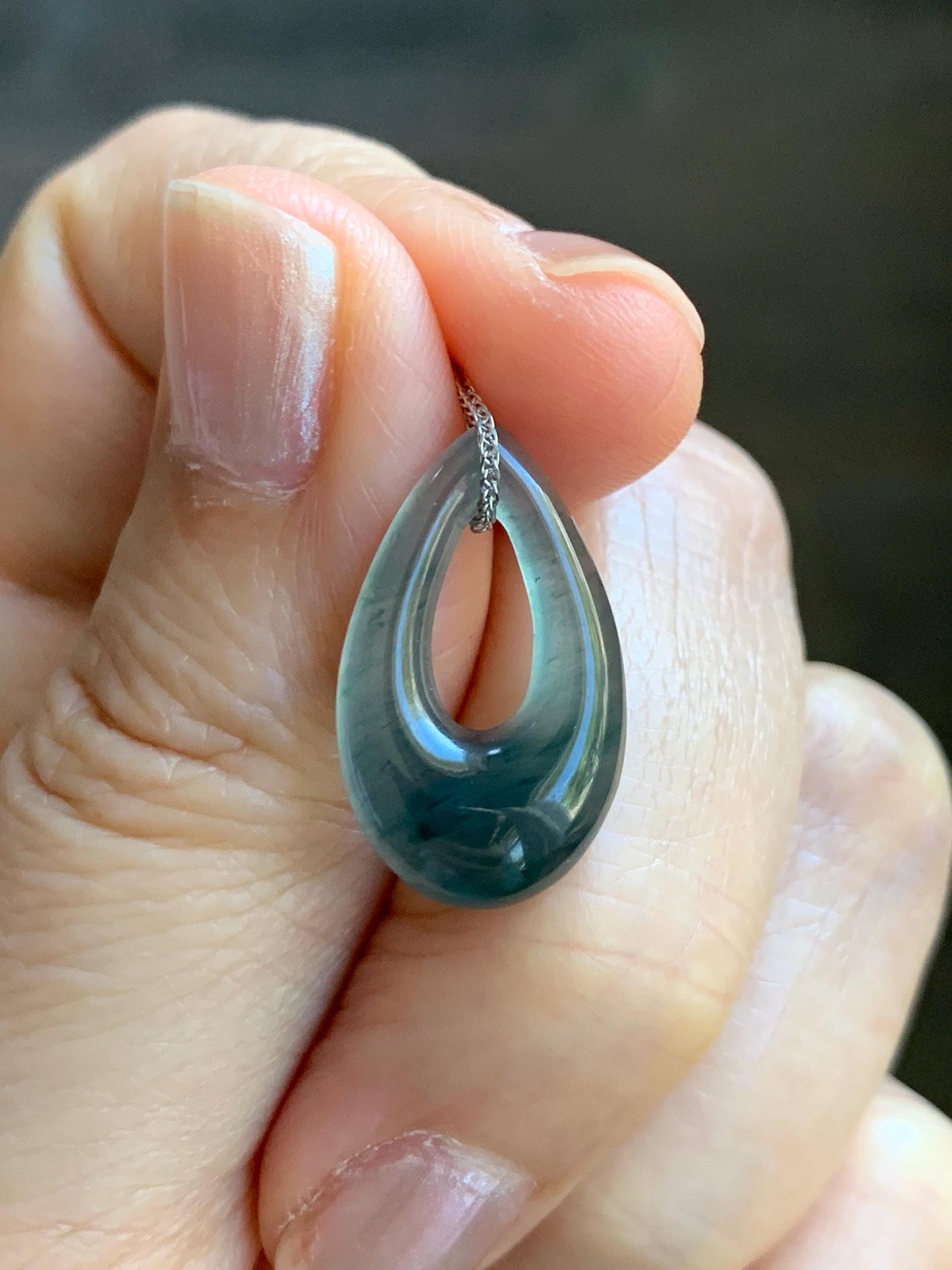 Natural Grade A Guatemalan Icy Translucent Dark Teal Blue Jade Jadeite Teardrop Pendant Necklace Sterling Silver 17” 天然冰危深蓝绿起光翡翠水滴项链 WSD88C