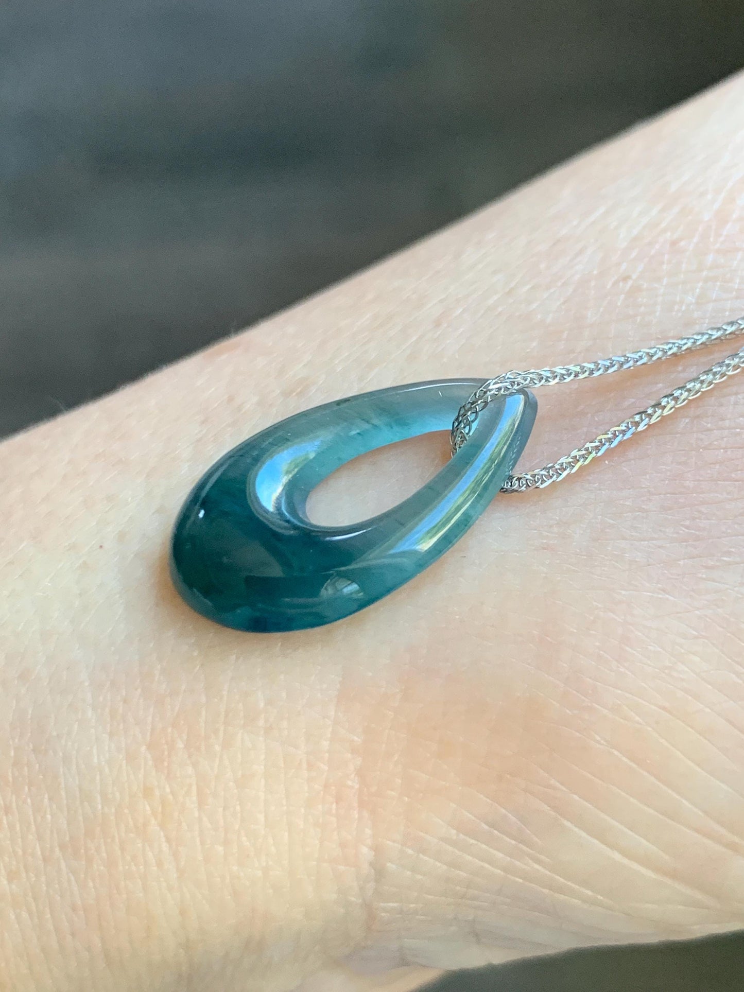 Natural Grade A Guatemalan Icy Translucent Dark Teal Blue Jade Jadeite Teardrop Pendant Necklace Sterling Silver 17” 天然冰危深蓝绿起光翡翠水滴项链 WSD88C