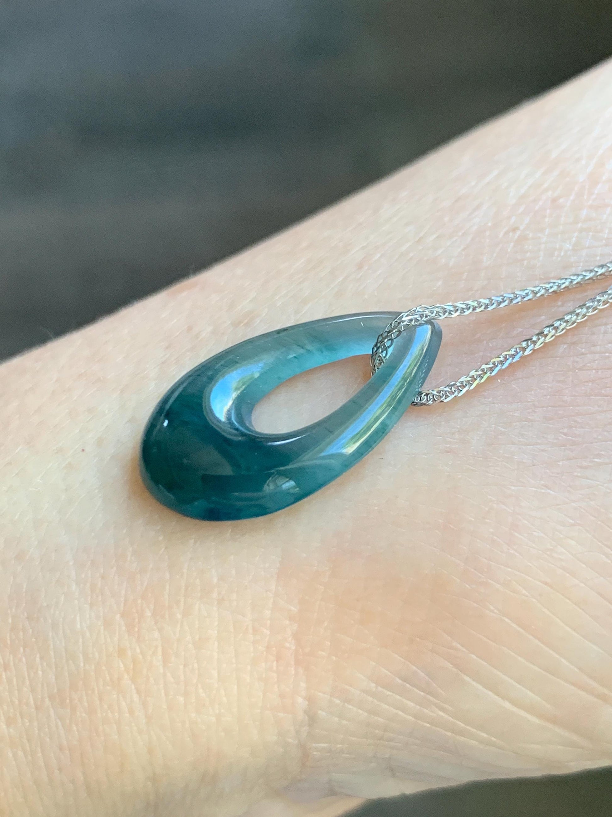 Natural Grade A Guatemalan Icy Translucent Dark Teal Blue Jade Jadeite Teardrop Pendant Necklace Sterling Silver 17” 天然冰危深蓝绿起光翡翠水滴项链 WSD88C