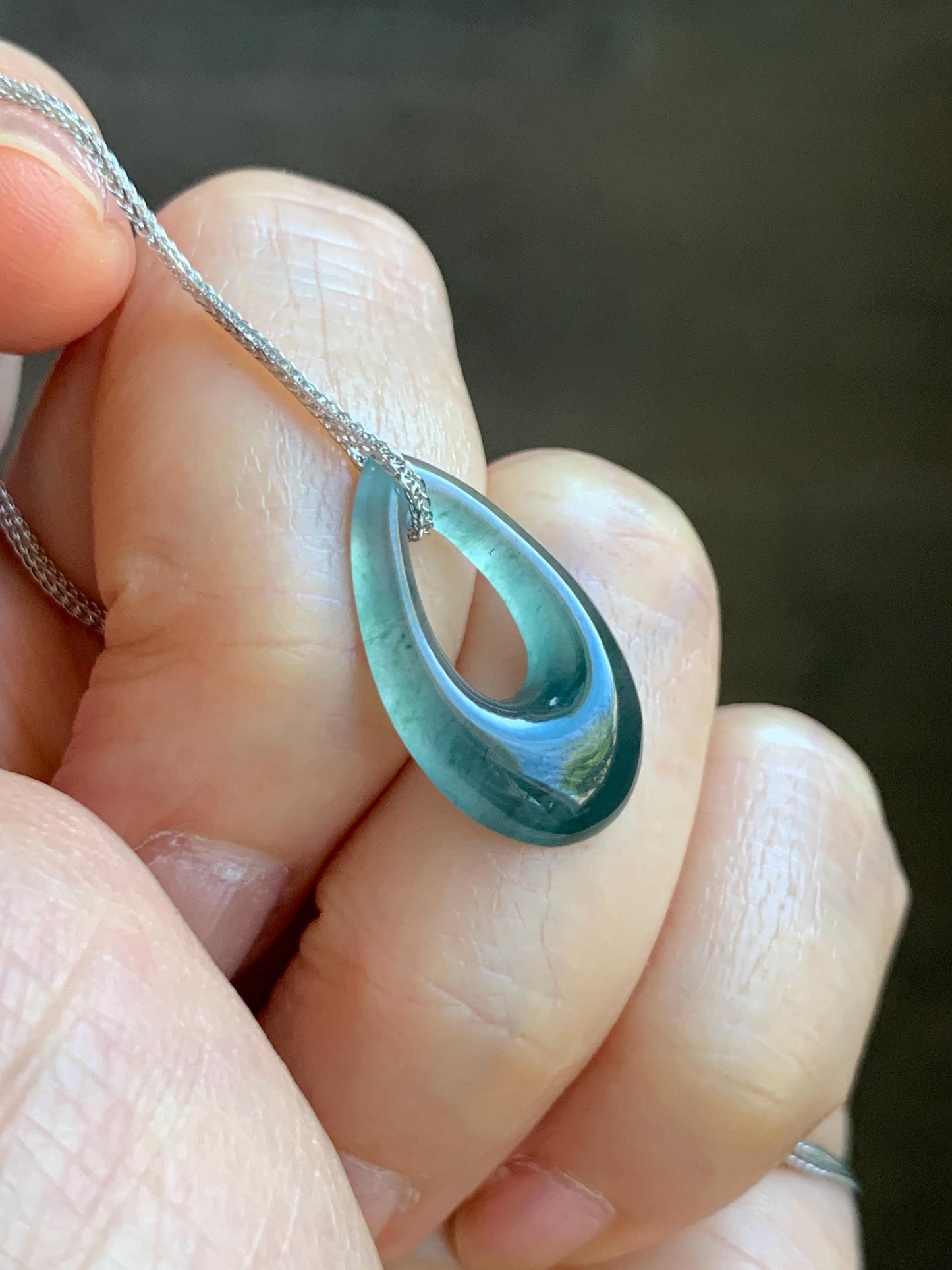 Natural Grade A Guatemalan Icy Translucent Dark Teal Blue Jade Jadeite Teardrop Pendant Necklace Sterling Silver 17” 天然冰危深蓝绿起光翡翠水滴项链 WSD88C