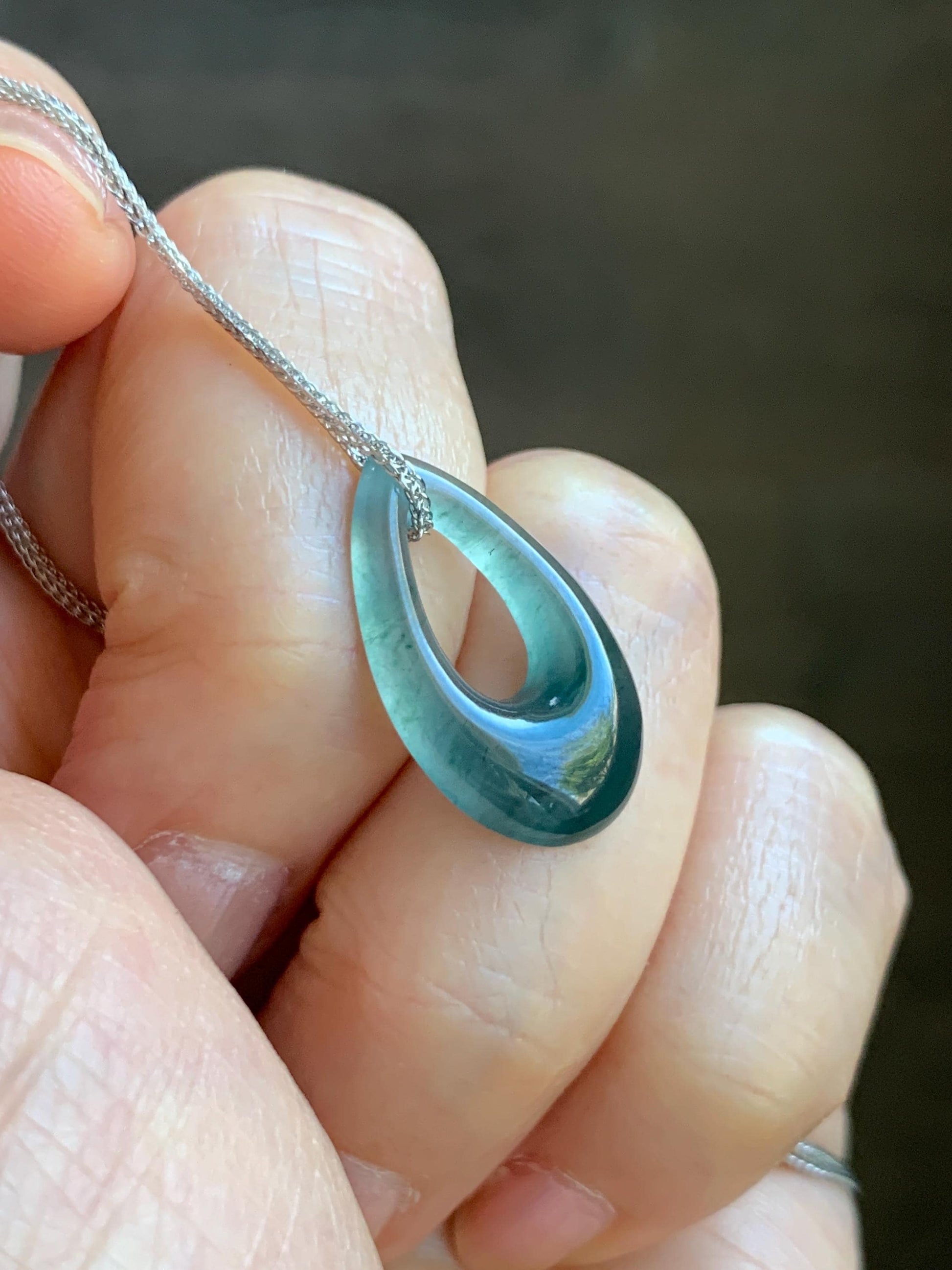 Natural Grade A Guatemalan Icy Translucent Dark Teal Blue Jade Jadeite Teardrop Pendant Necklace Sterling Silver 17” 天然冰危深蓝绿起光翡翠水滴项链 WSD88C