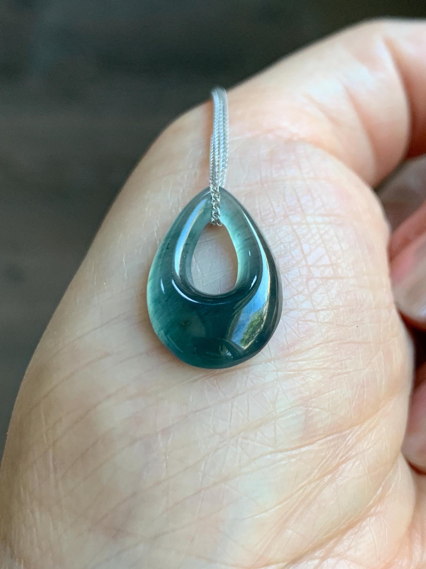 Natural Grade A Guatemalan Icy Translucent Dark Teal Blue Jade Jadeite Teardrop Pendant Necklace Sterling Silver 17” 天然冰危深蓝绿起光翡翠水滴项链 WSD88C