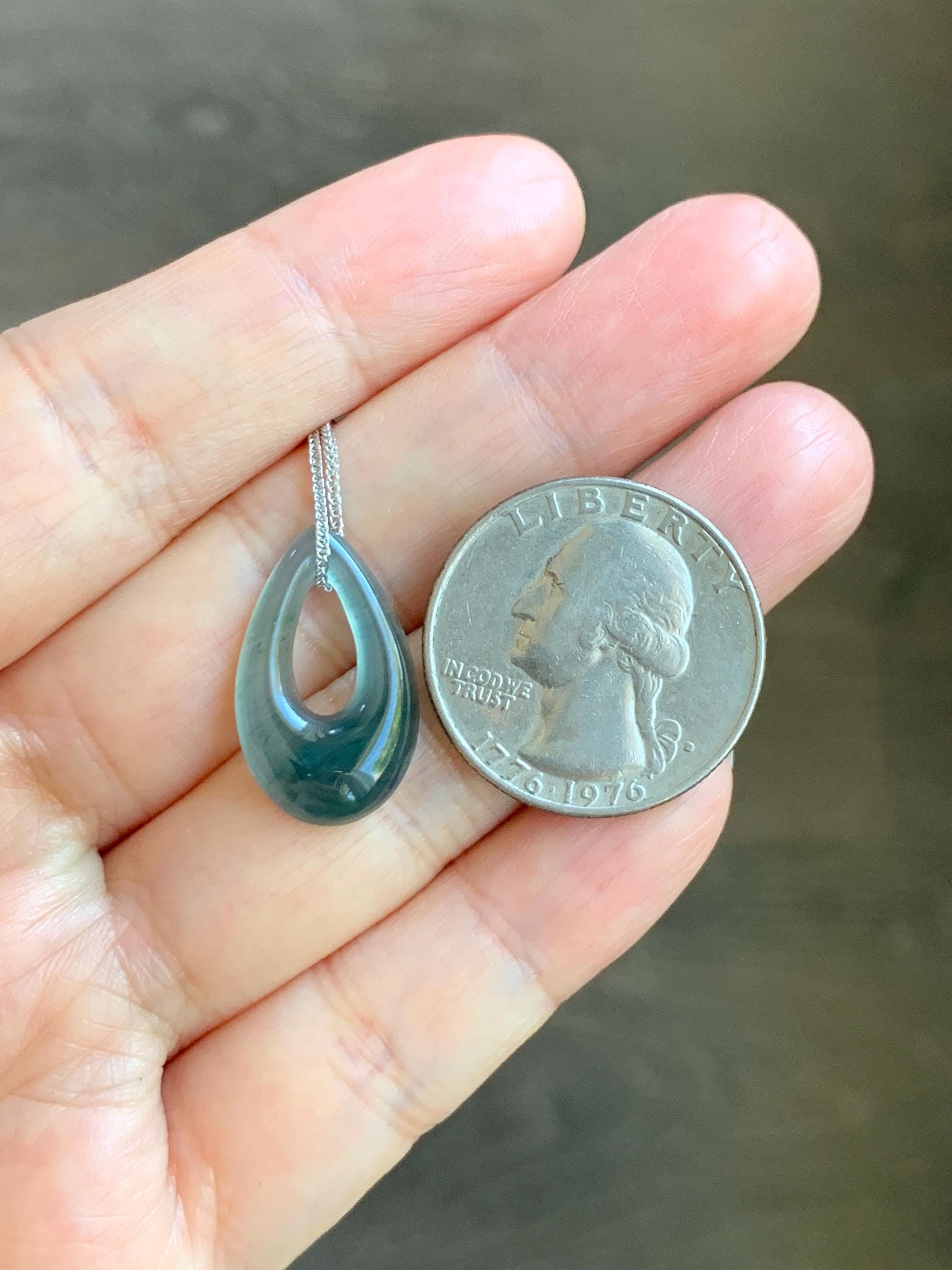 Natural Grade A Guatemalan Icy Translucent Dark Teal Blue Jade Jadeite Teardrop Pendant Necklace Sterling Silver 17” 天然冰危深蓝绿起光翡翠水滴项链 WSD88C
