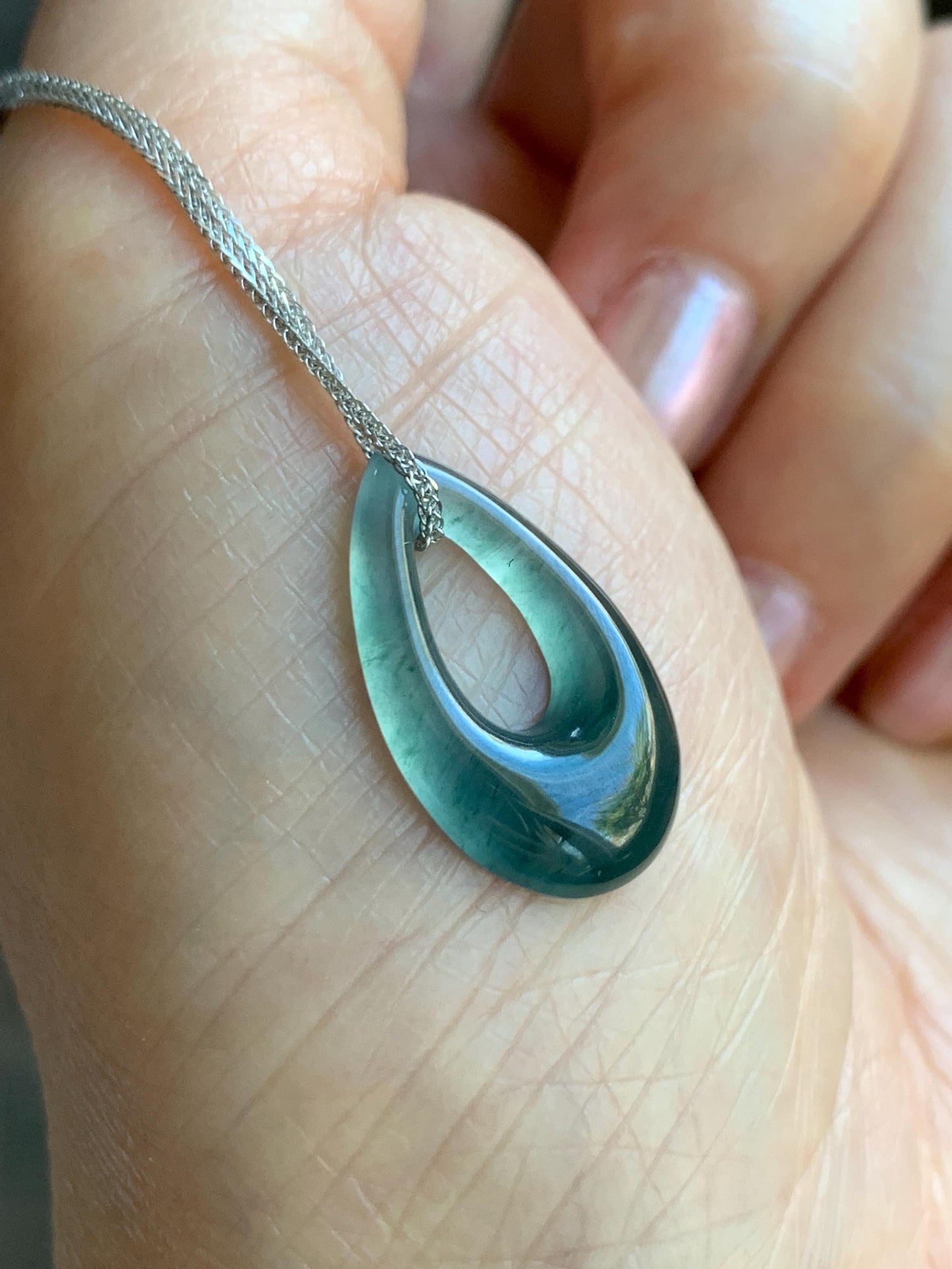 Natural Grade A Guatemalan Icy Translucent Dark Teal Blue Jade Jadeite Teardrop Pendant Necklace Sterling Silver 17” 天然冰危深蓝绿起光翡翠水滴项链 WSD88C