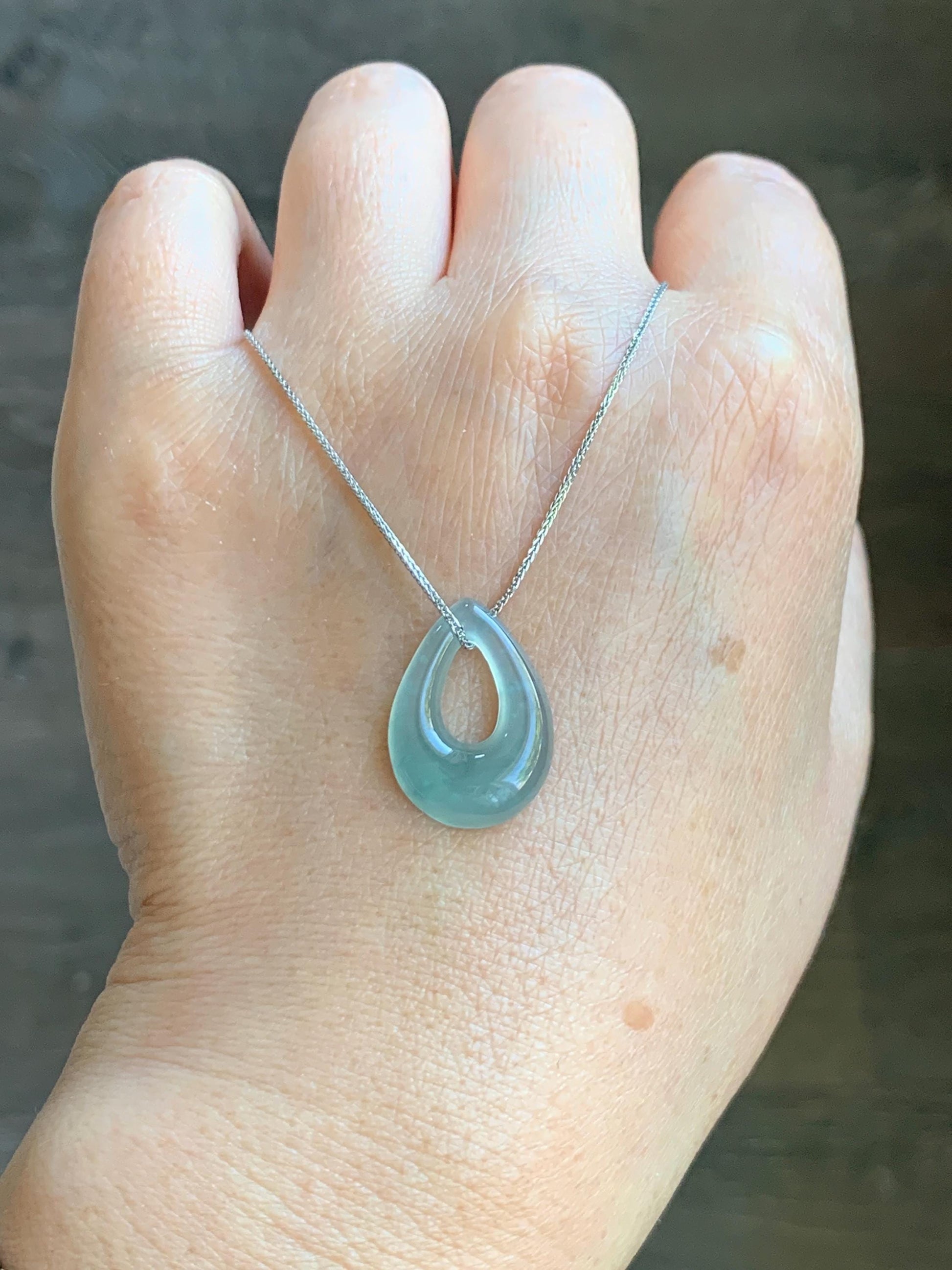 Natural Grade A Guatemalan Icy Translucent Light Teal Jade Jadeite Teardrop Pendant Necklace Sterling Silver 17” 天然冰危浅蓝起光翡翠水滴项链 WSD88B