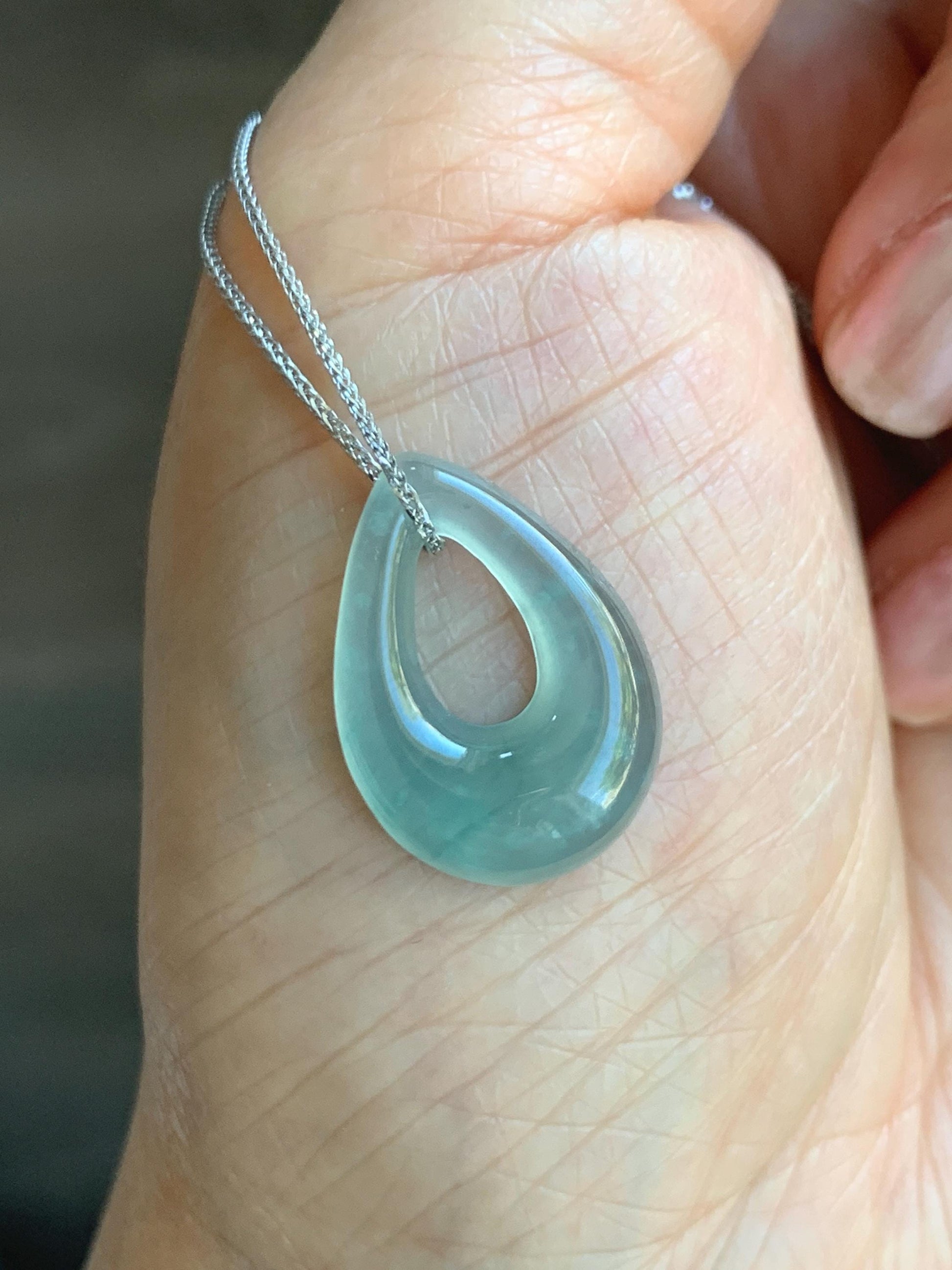 Natural Grade A Guatemalan Icy Translucent Light Teal Jade Jadeite Teardrop Pendant Necklace Sterling Silver 17” 天然冰危浅蓝起光翡翠水滴项链 WSD88B