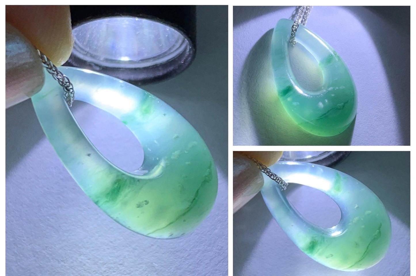 Natural Grade A Guatemalan Icy Translucent Light Teal Marbled Jade Jadeite Teardrop Pendant Necklace Sterling Silver 17” 天然冰危飘花翡翠水滴项链 WSD88A